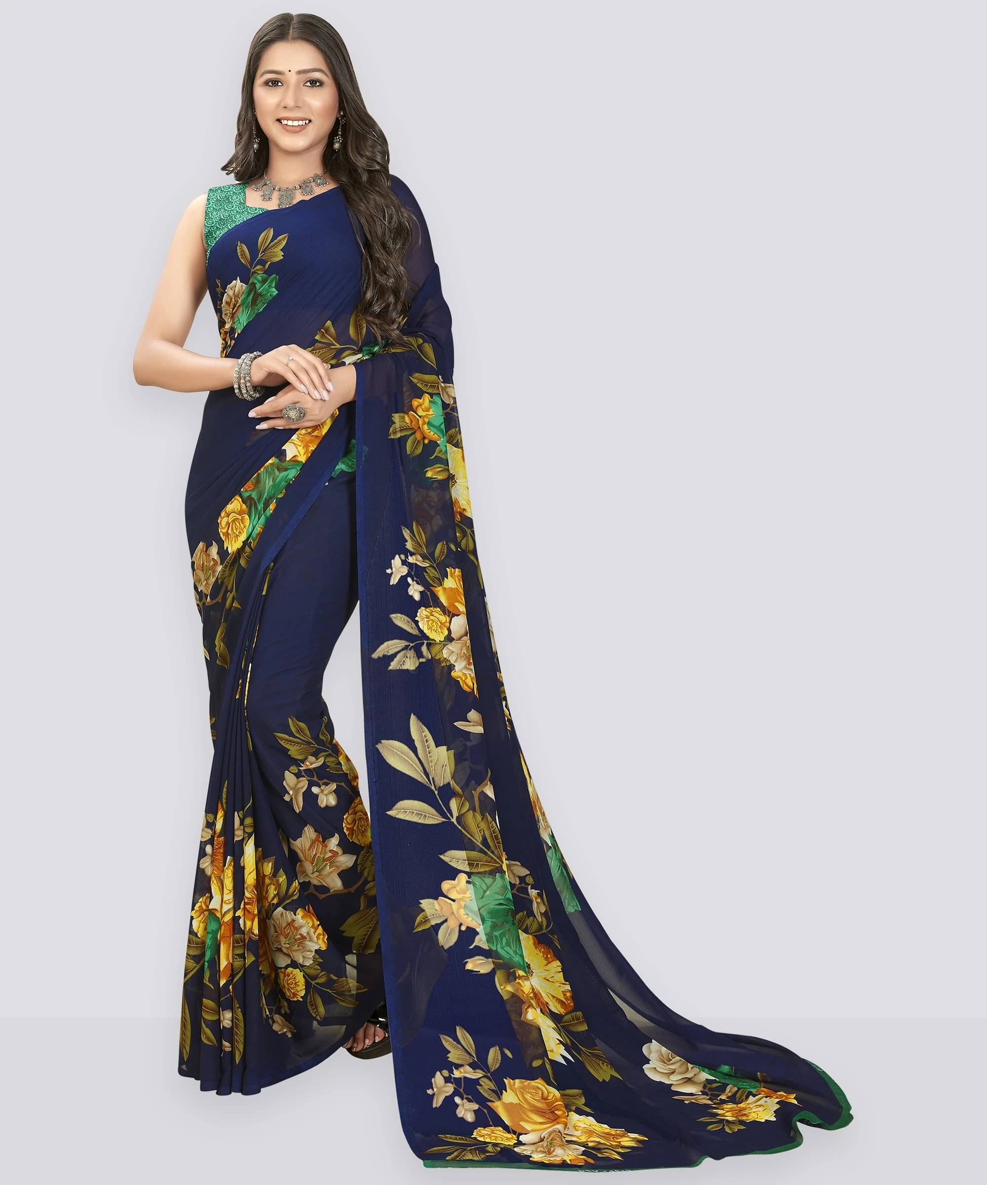     			ANAND SAREES Georgette Printed Regular Saree With Unstitched Blouse Piece ( Blue )