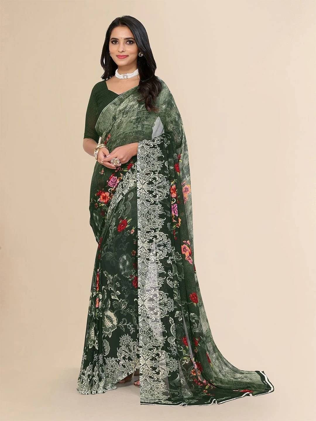 ANAND SAREES Georgette Printed Regular Saree With Unstitched Blouse Piece ( Green ) ANAND SAREES Georgette Printed Regular Saree With Unstitched Blouse Piece ( Green )