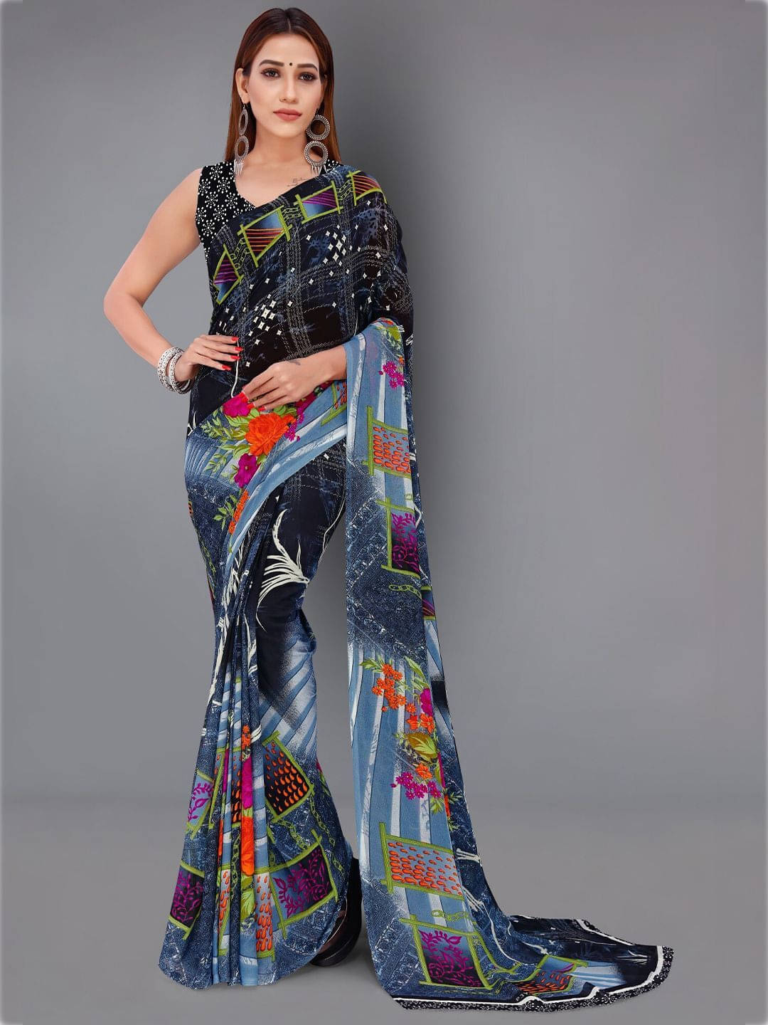     			ANAND SAREES Georgette Printed Regular Saree With Unstitched Blouse Piece ( Grey )