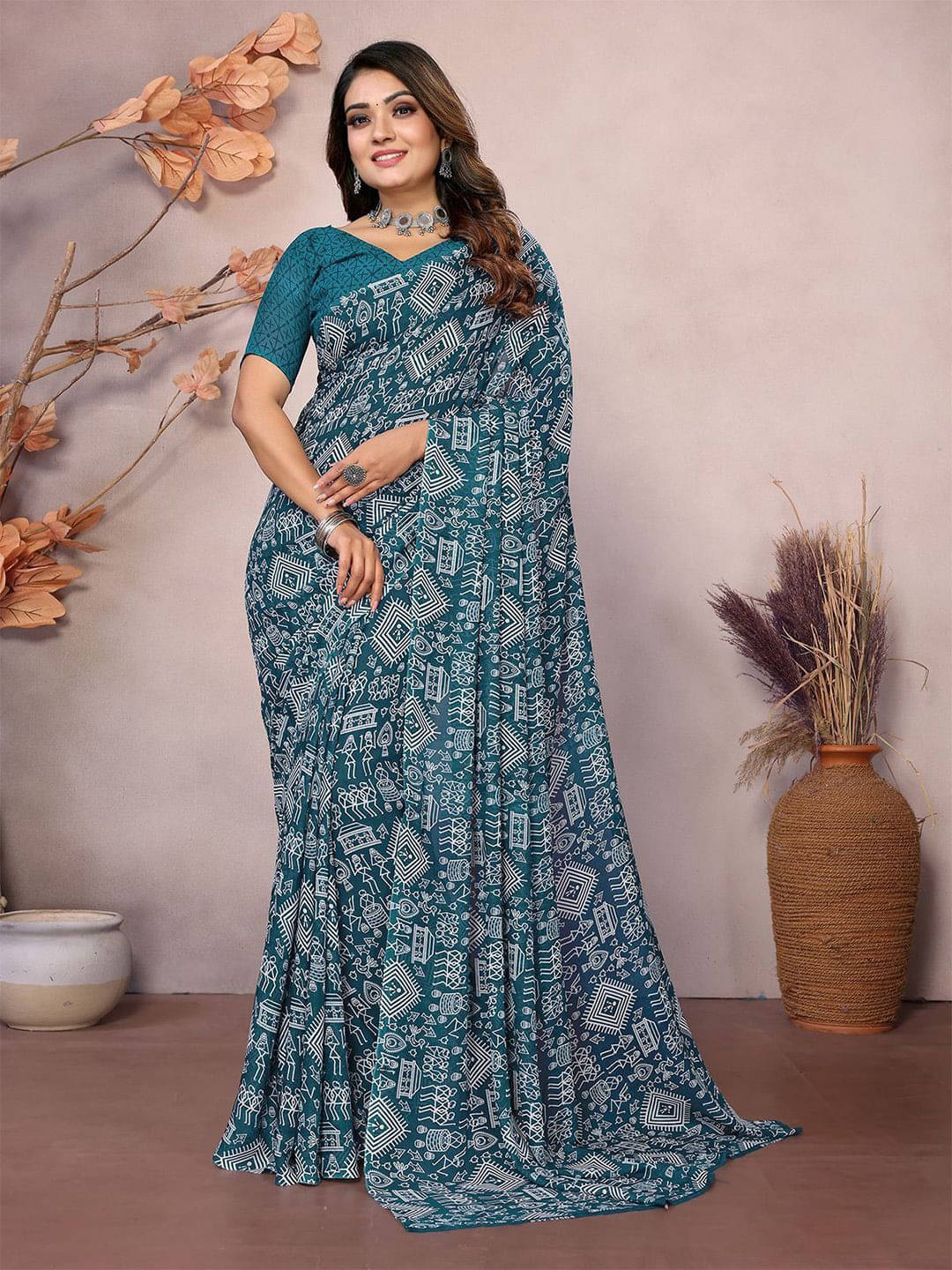 ANAND SAREES Georgette Printed Regular Saree With Unstitched Blouse Piece ( Green ) ANAND SAREES Georgette Printed Regular Saree With Unstitched Blouse Piece ( Green )