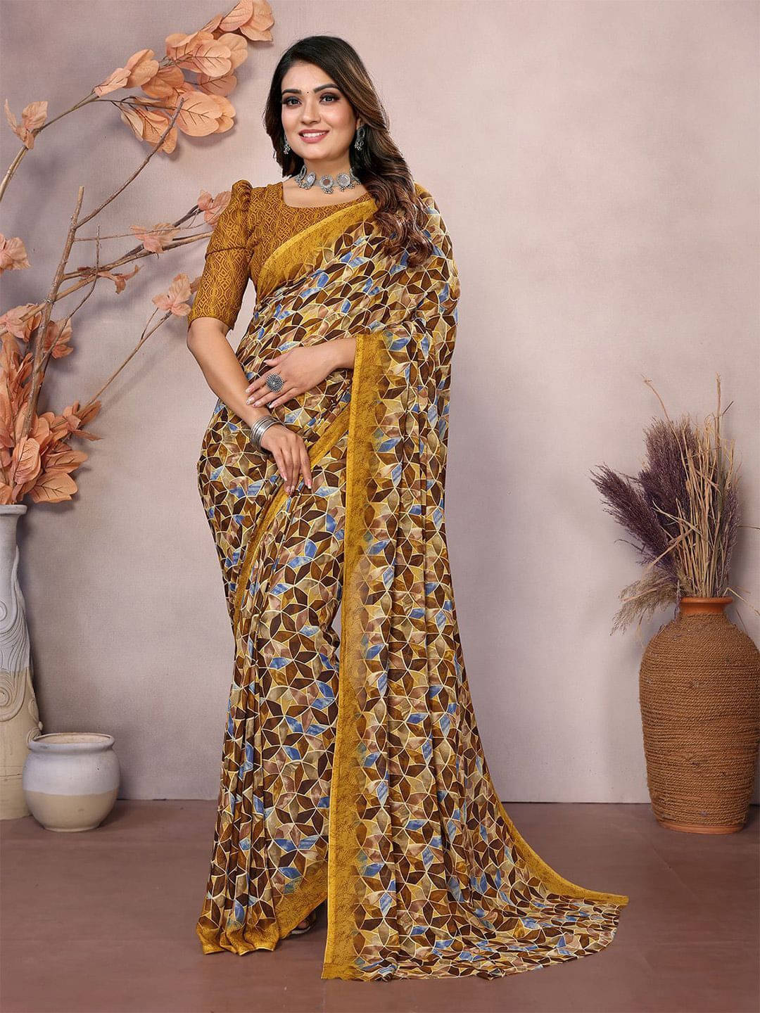     			ANAND SAREES Georgette Printed Regular Saree With Unstitched Blouse Piece ( Yellow )