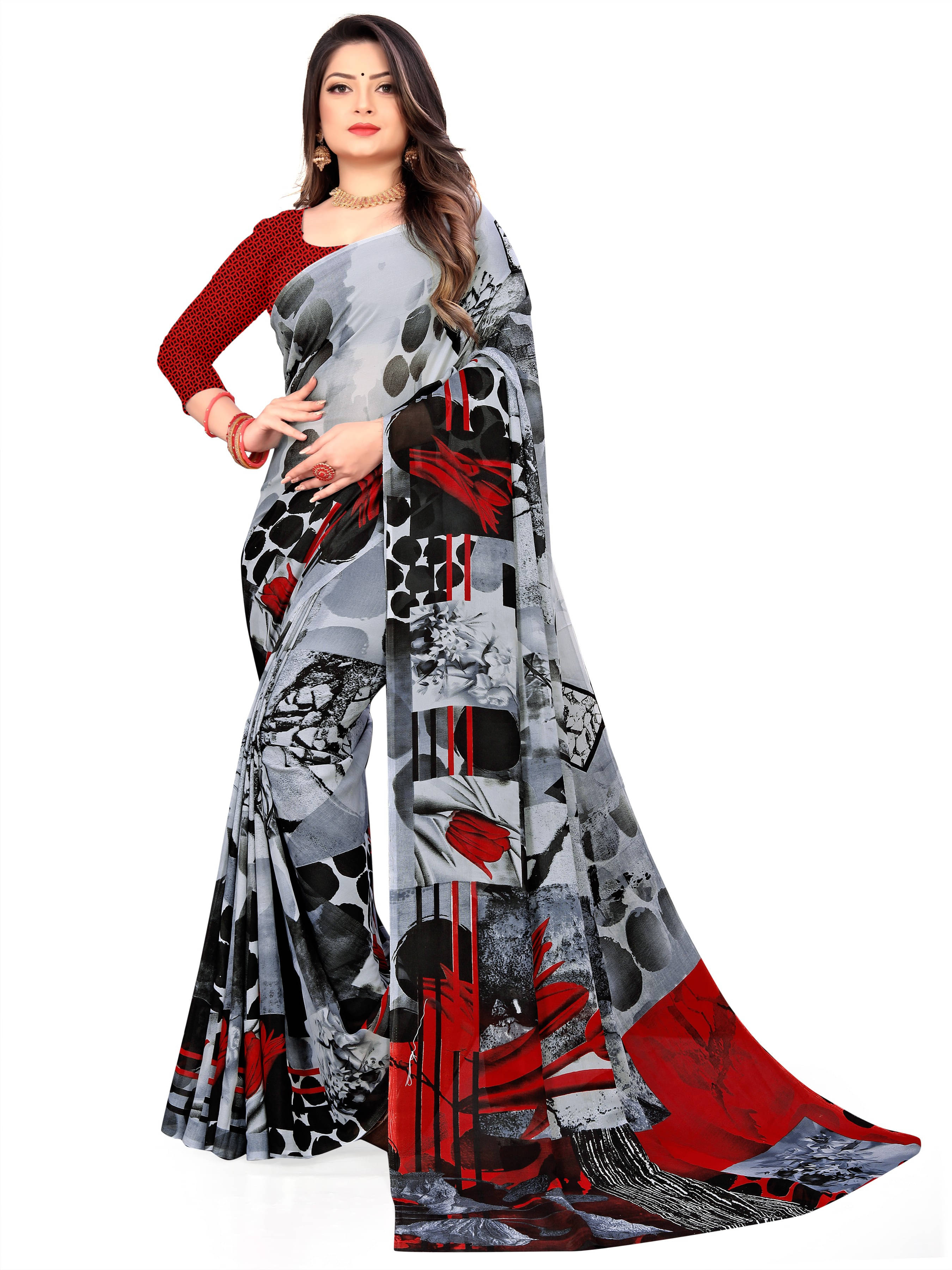 ANAND SAREES Georgette Printed Regular Saree With Unstitched Blouse Piece ( Grey ) ANAND SAREES Georgette Printed Regular Saree With Unstitched Blouse Piece ( Grey )