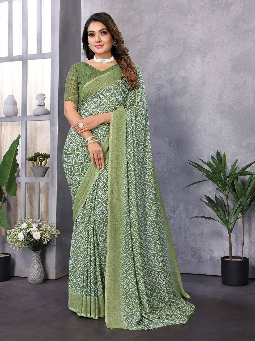     			ANAND SAREES Georgette Printed Regular Saree With Unstitched Blouse Piece ( Green )