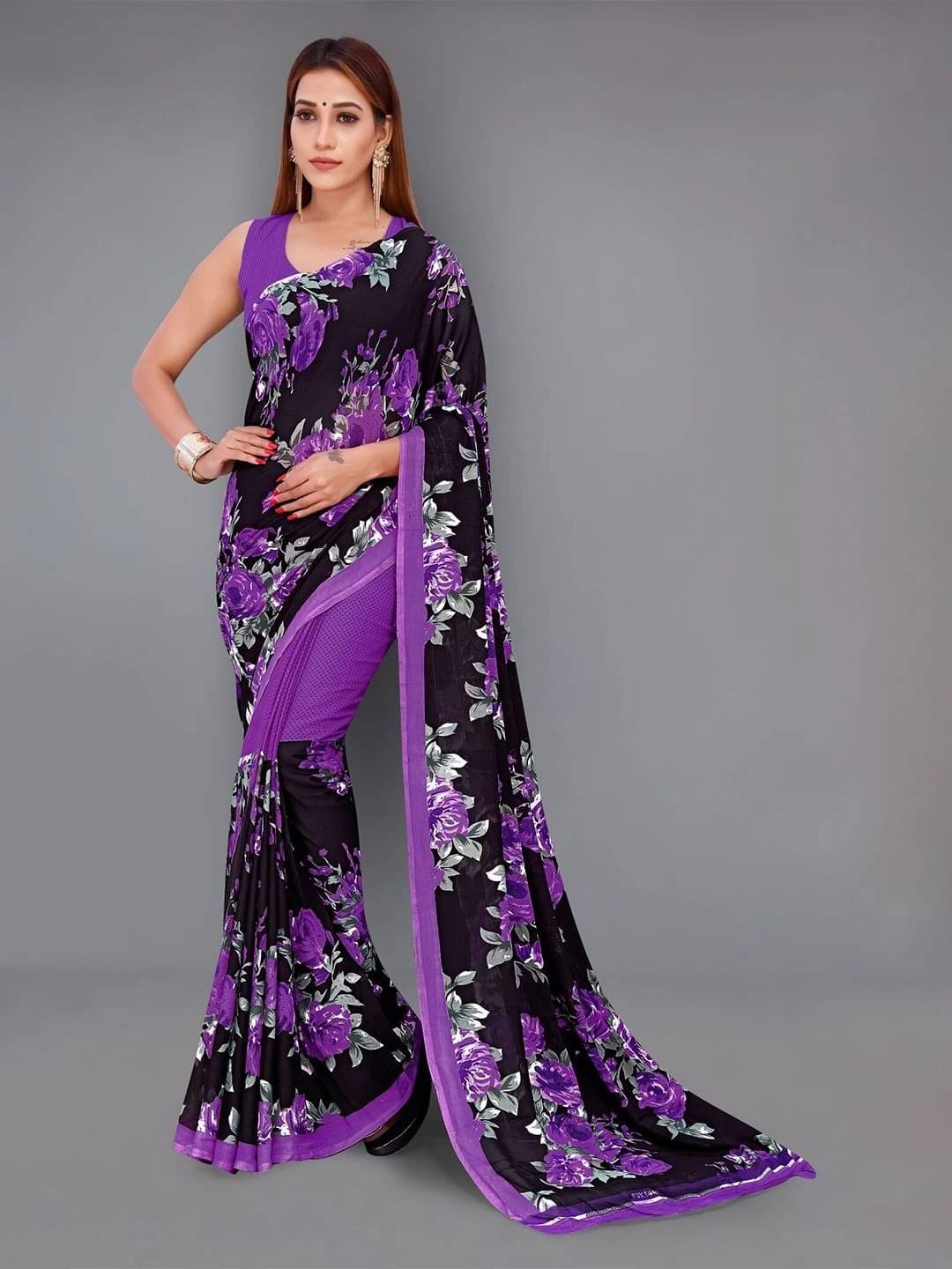     			ANAND SAREES Georgette Printed Regular Saree With Unstitched Blouse Piece ( Purple )