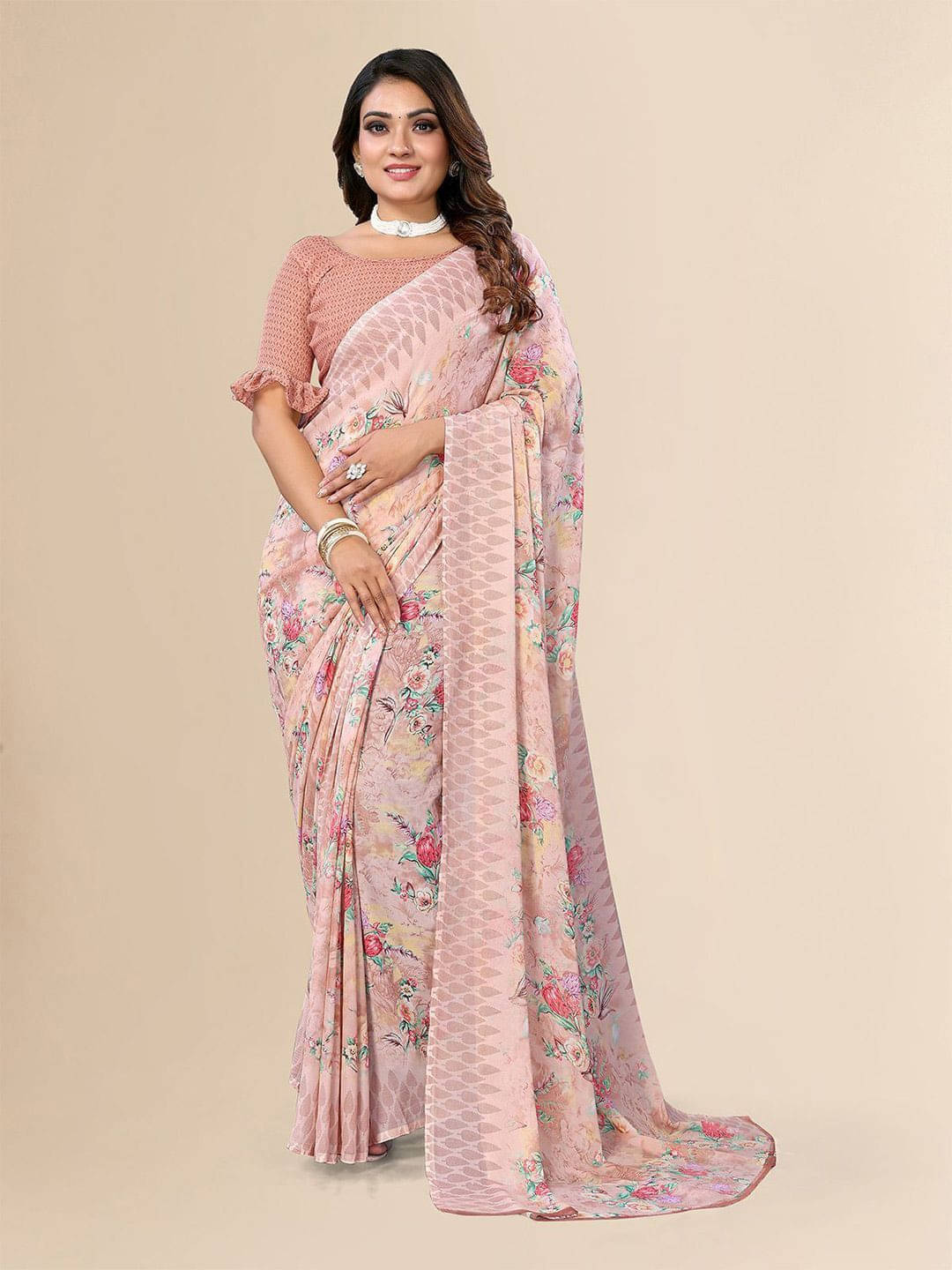 ANAND SAREES Georgette Printed Regular Saree With Unstitched Blouse Piece ( Brown ) ANAND SAREES Georgette Printed Regular Saree With Unstitched Blouse Piece ( Brown )