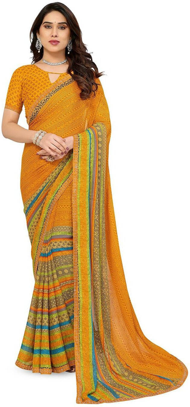ANAND SAREES Georgette Printed Regular Saree With Unstitched Blouse Piece ( Yellow ) ANAND SAREES Georgette Printed Regular Saree With Unstitched Blouse Piece ( Yellow )