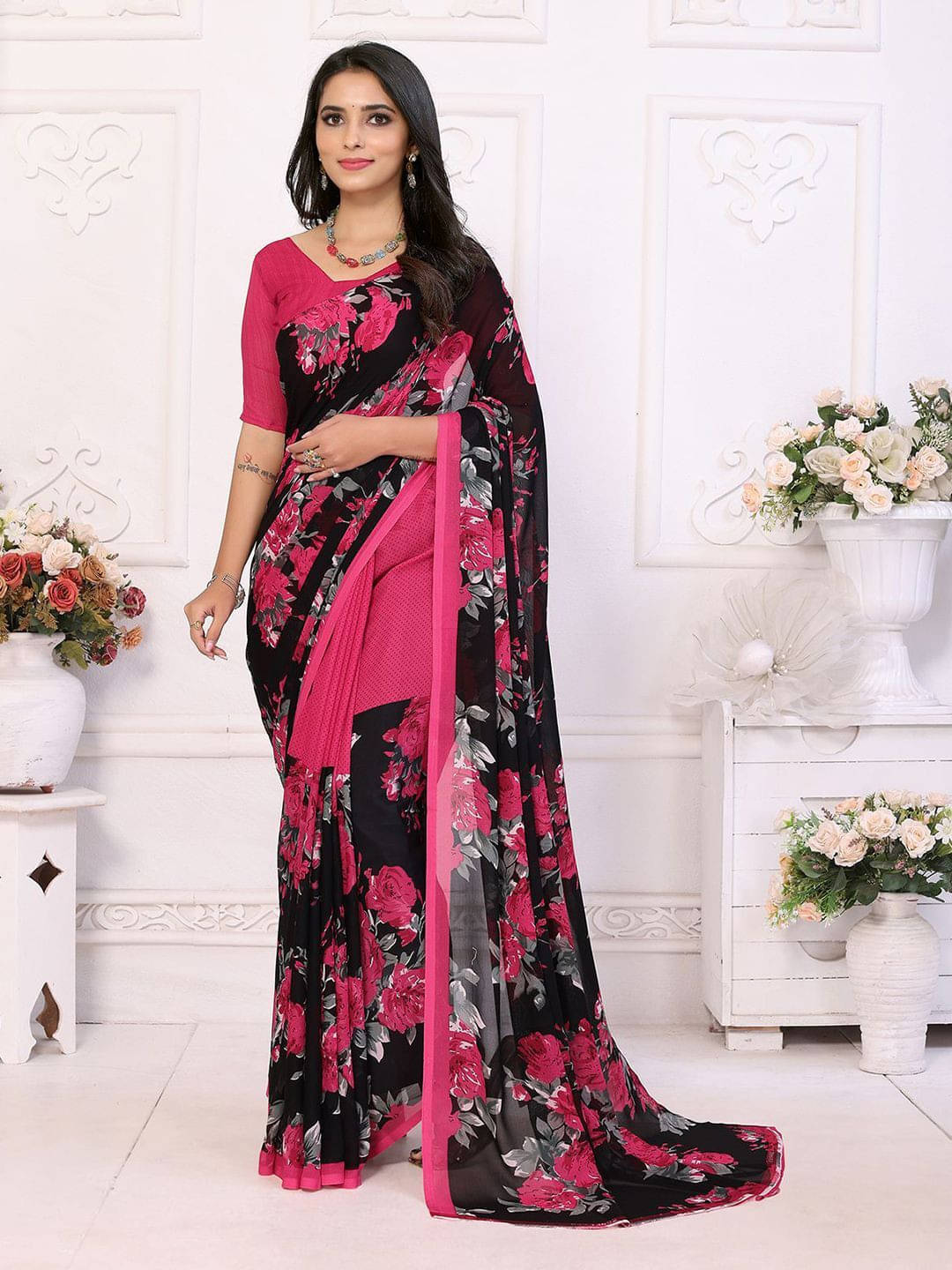 ANAND SAREES Georgette Printed Regular Saree With Unstitched Blouse Piece ( Pink ) ANAND SAREES Georgette Printed Regular Saree With Unstitched Blouse Piece ( Pink )