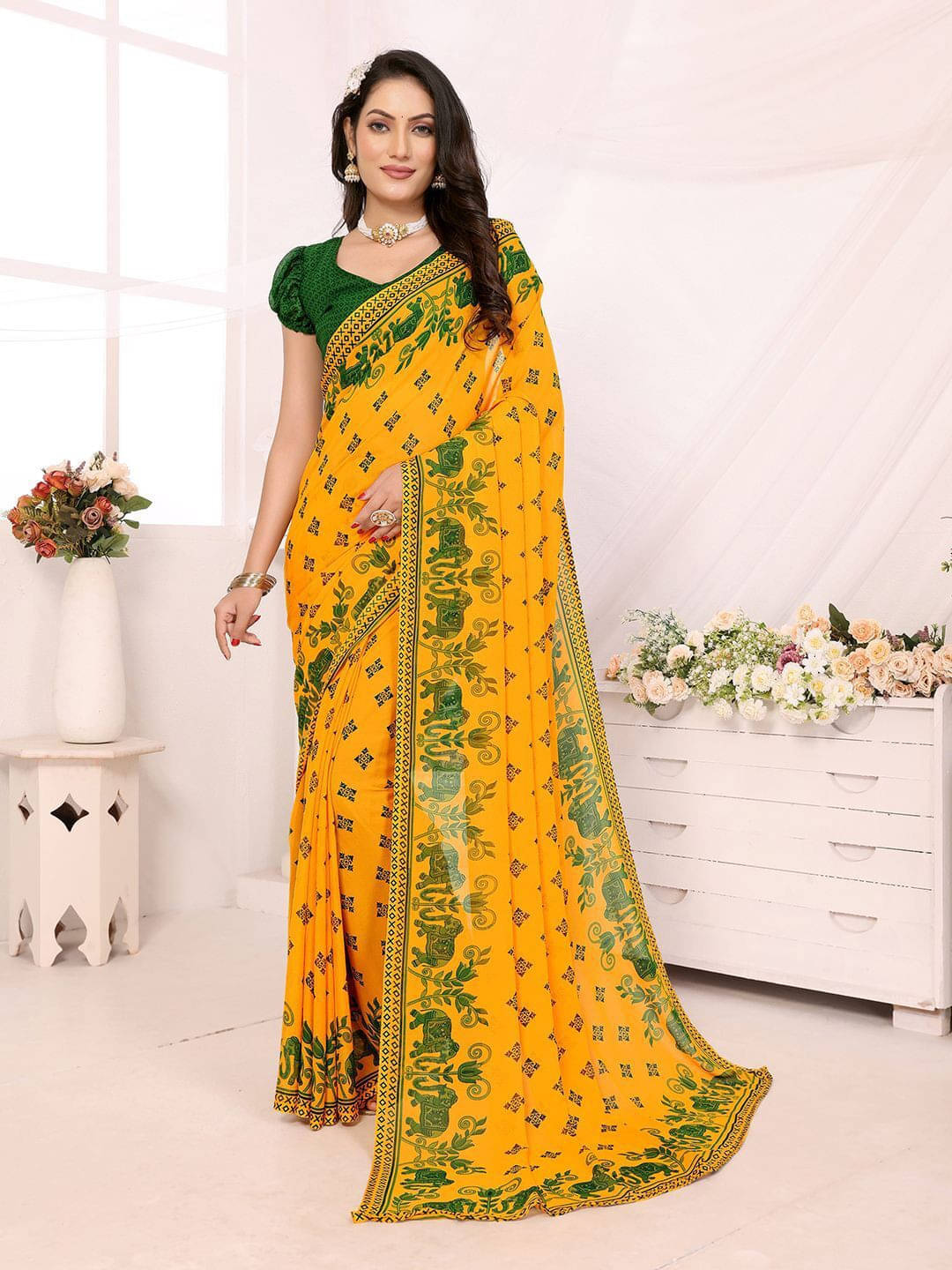     			ANAND SAREES Georgette Printed Regular Saree With Unstitched Blouse Piece ( Yellow )