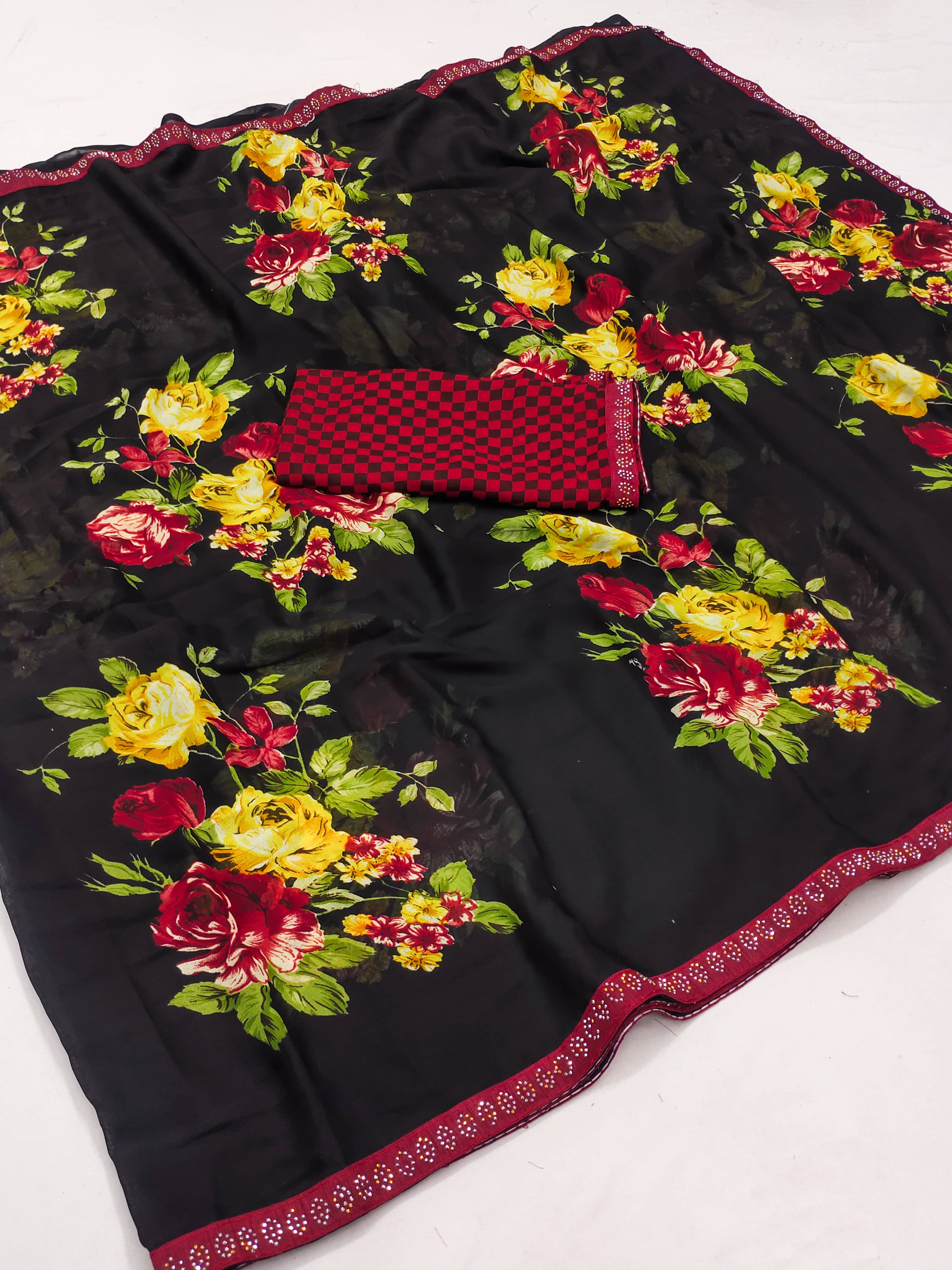 ANAND SAREES Georgette Printed Regular Saree With Unstitched Blouse Piece ( Black ) ANAND SAREES Georgette Printed Regular Saree With Unstitched Blouse Piece ( Black )