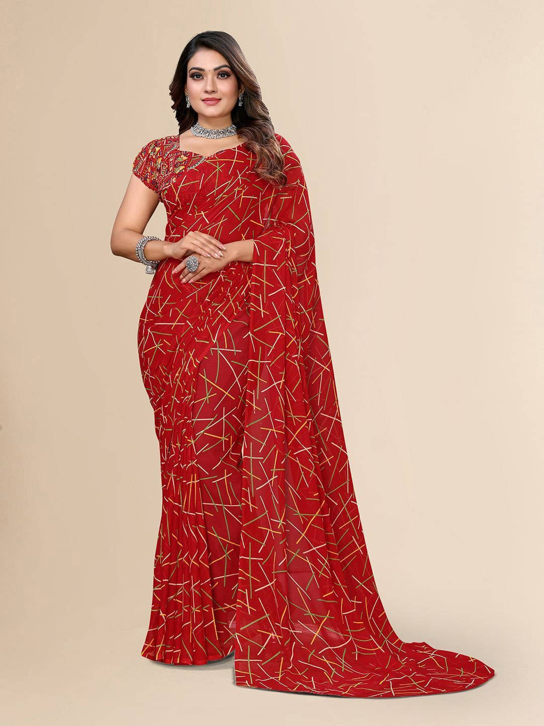 ANAND SAREES Georgette Printed Regular Saree With Unstitched Blouse Piece ( Red ) ANAND SAREES Georgette Printed Regular Saree With Unstitched Blouse Piece ( Red )