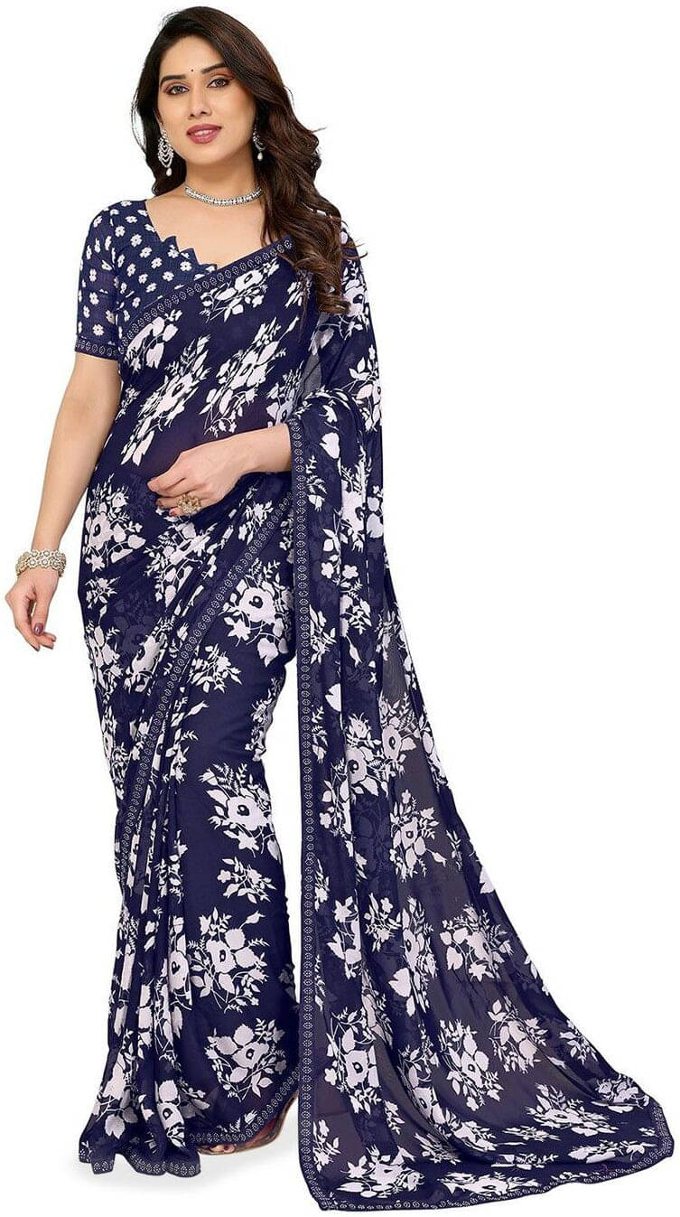 ANAND SAREES Georgette Printed Regular Saree With Unstitched Blouse Piece ( Blue ) ANAND SAREES Georgette Printed Regular Saree With Unstitched Blouse Piece ( Blue )