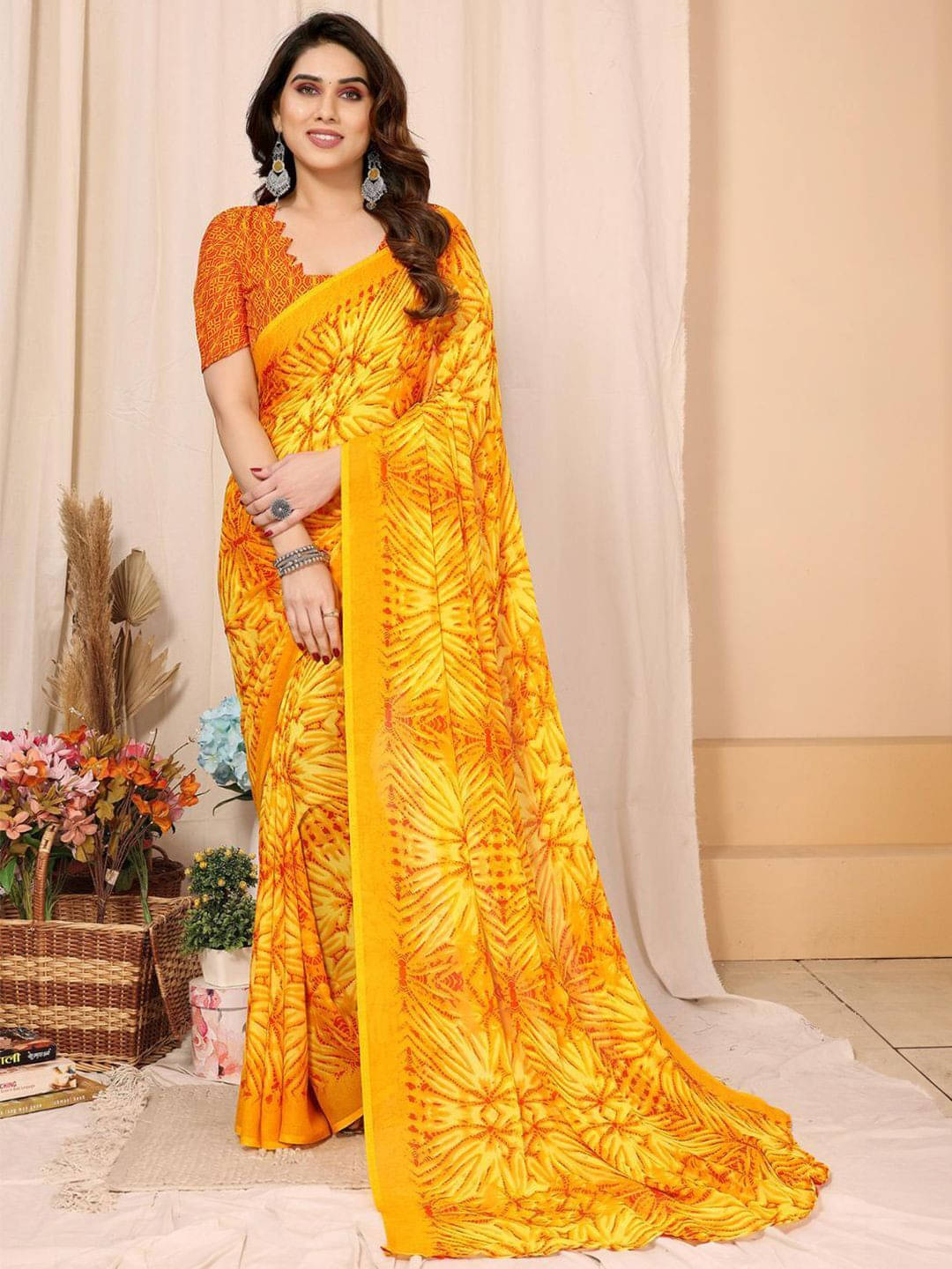 ANAND SAREES Georgette Printed Regular Saree With Unstitched Blouse Piece ( Yellow ) ANAND SAREES Georgette Printed Regular Saree With Unstitched Blouse Piece ( Yellow )