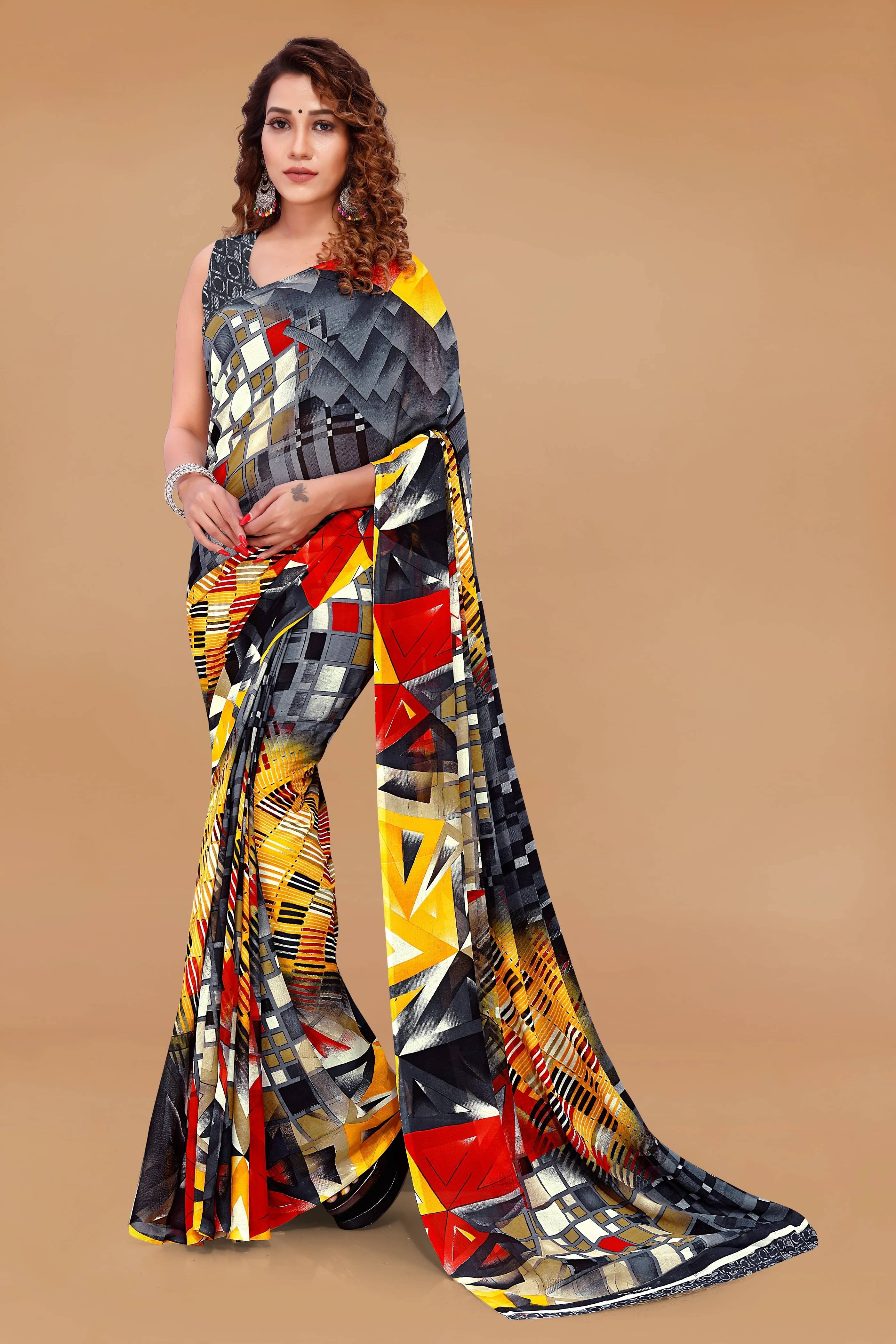 ANAND SAREES Georgette Printed Regular Saree With Unstitched Blouse Piece ( Grey ) ANAND SAREES Georgette Printed Regular Saree With Unstitched Blouse Piece ( Grey )