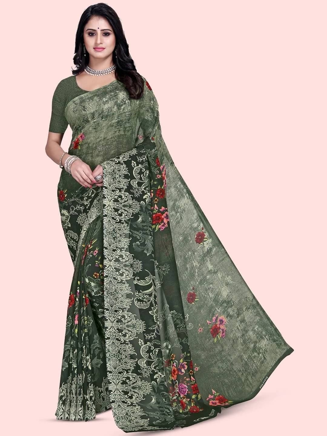 ANAND SAREES Georgette Printed Regular Saree With Unstitched Blouse Piece ( Green ) ANAND SAREES Georgette Printed Regular Saree With Unstitched Blouse Piece ( Green )