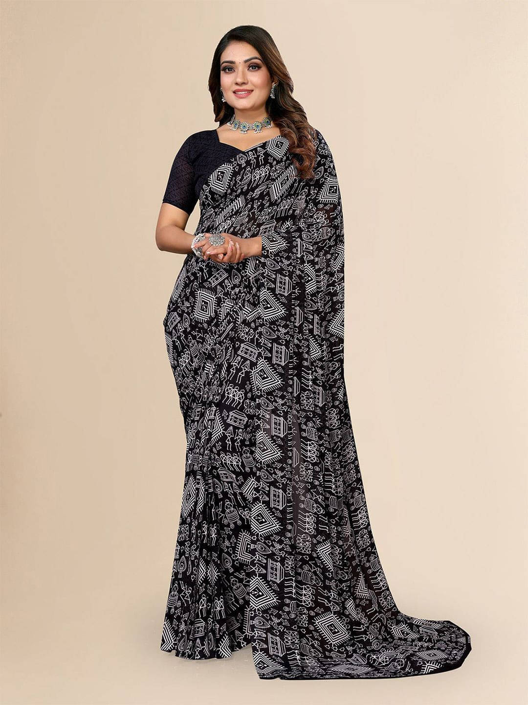     			ANAND SAREES Georgette Printed Regular Saree With Unstitched Blouse Piece ( Black )