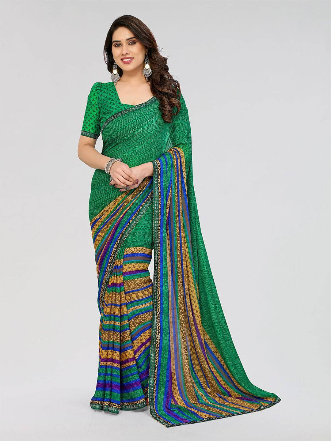 ANAND SAREES Georgette Printed Regular Saree With Unstitched Blouse Piece ( Green ) ANAND SAREES Georgette Printed Regular Saree With Unstitched Blouse Piece ( Green )