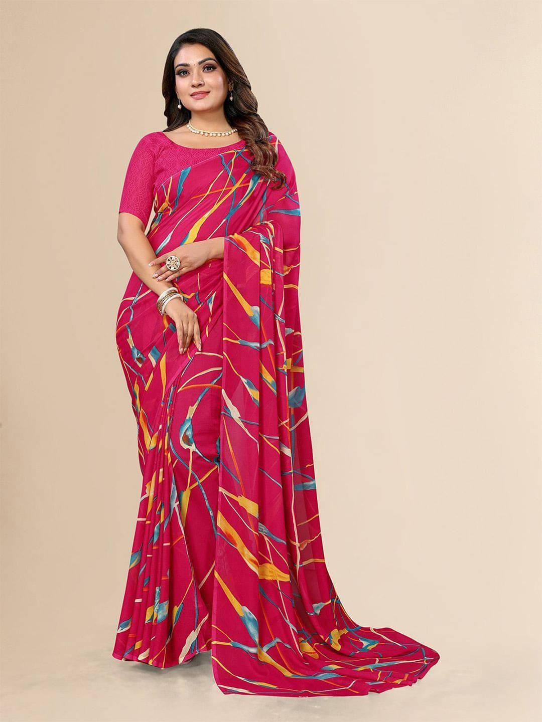 ANAND SAREES Georgette Printed Regular Saree With Unstitched Blouse Piece ( Pink )     			ANAND SAREES Georgette Printed Regular Saree With Unstitched Blouse Piece ( Pink )