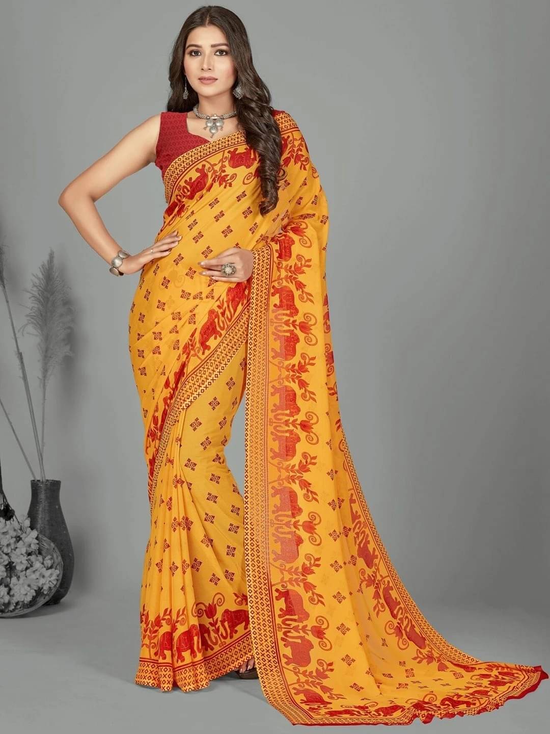     			ANAND SAREES Georgette Printed Regular Saree With Unstitched Blouse Piece ( Red )