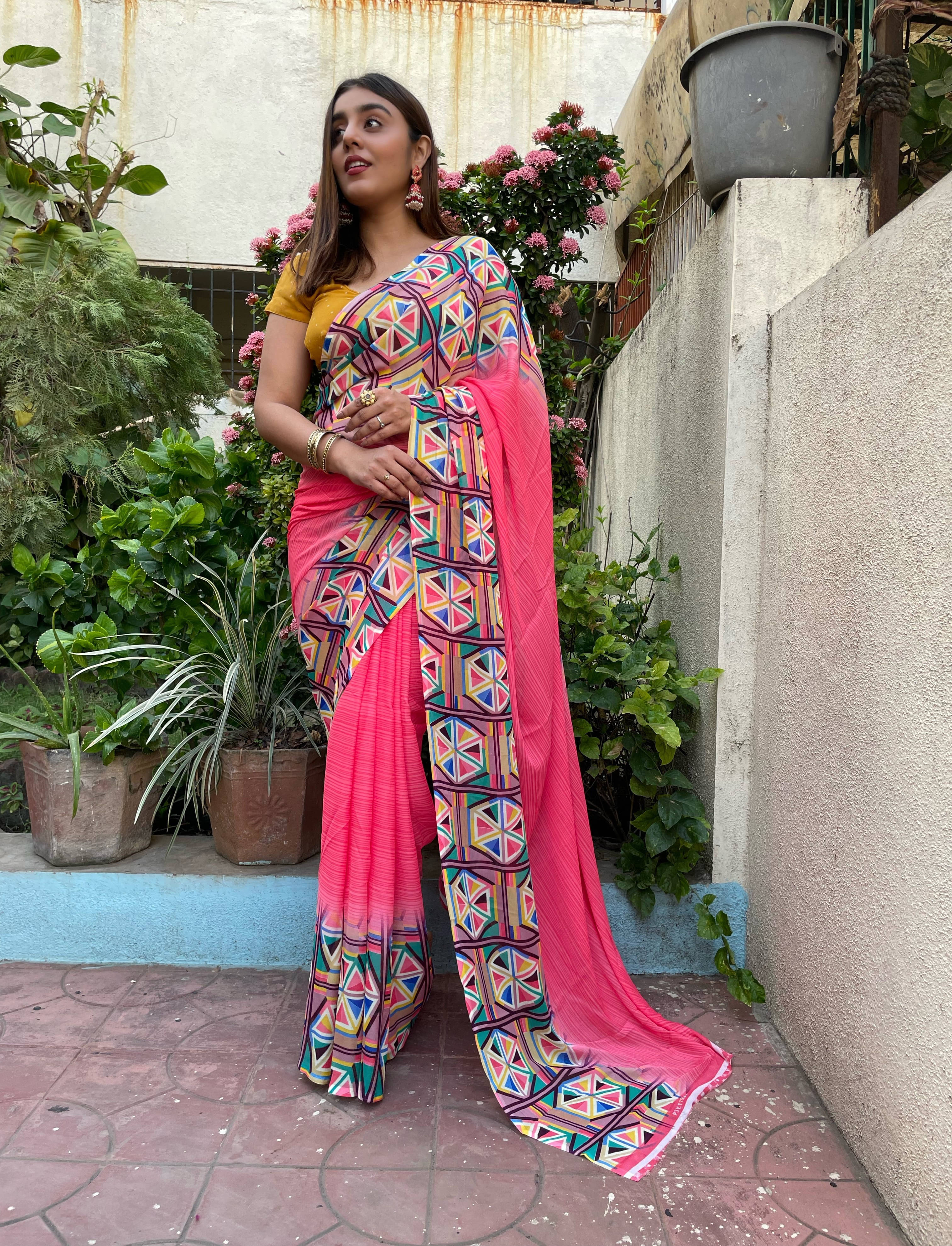 ANAND SAREES Georgette Printed Regular Saree With Unstitched Blouse Piece ( Pink ) ANAND SAREES Georgette Printed Regular Saree With Unstitched Blouse Piece ( Pink )