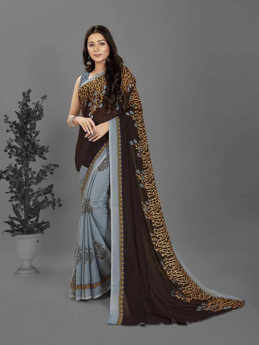     			ANAND SAREES Georgette Printed Regular Saree With Unstitched Blouse Piece ( Brown )