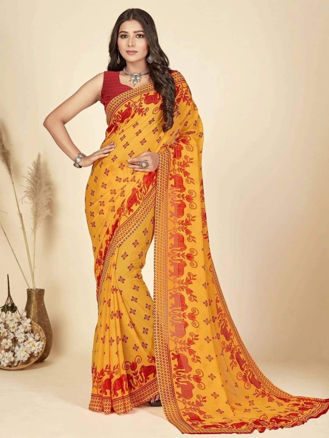 ANAND SAREES Georgette Printed Regular Saree With Unstitched Blouse Piece ( Red ) ANAND SAREES Georgette Printed Regular Saree With Unstitched Blouse Piece ( Red )