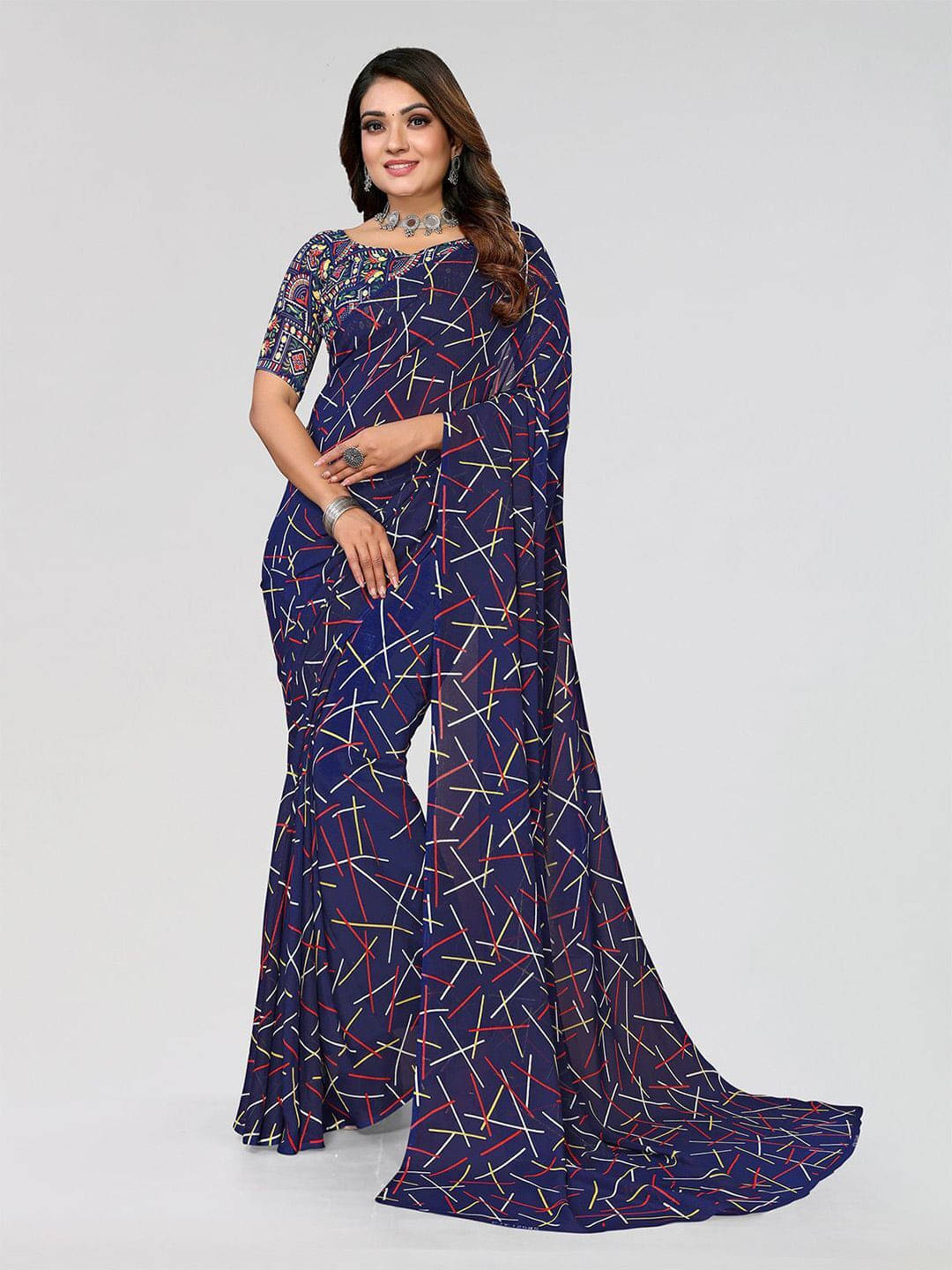 ANAND SAREES Georgette Printed Regular Saree With Unstitched Blouse Piece ( Blue ) ANAND SAREES Georgette Printed Regular Saree With Unstitched Blouse Piece ( Blue )