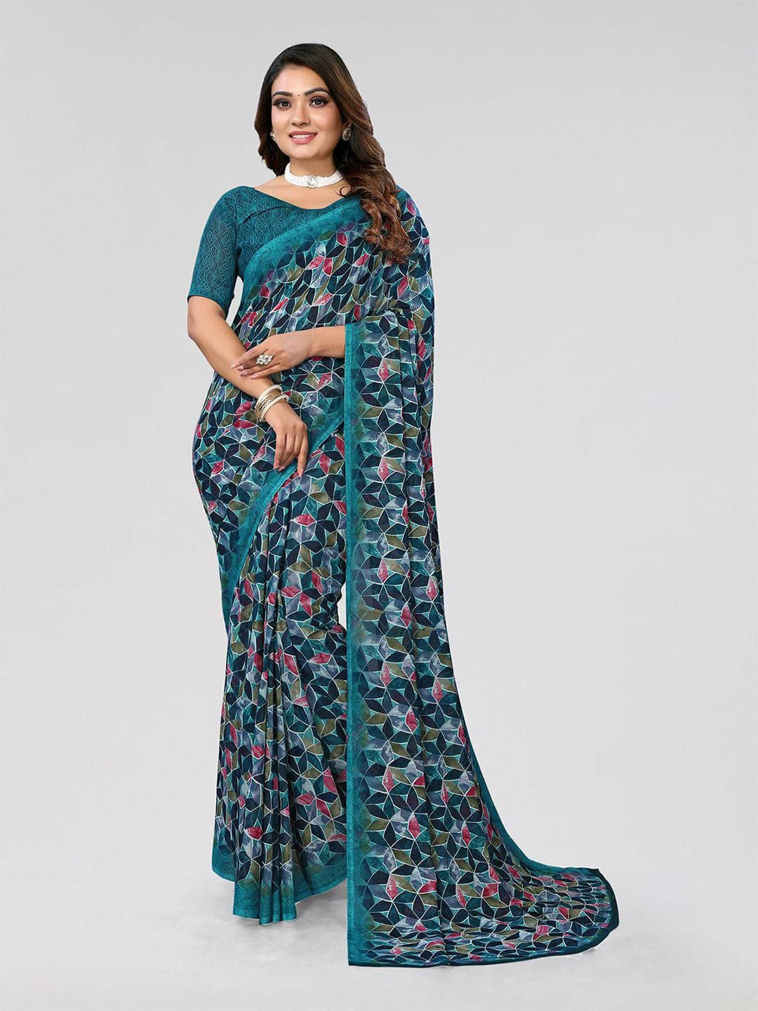     			ANAND SAREES Georgette Printed Regular Saree With Unstitched Blouse Piece ( Blue )