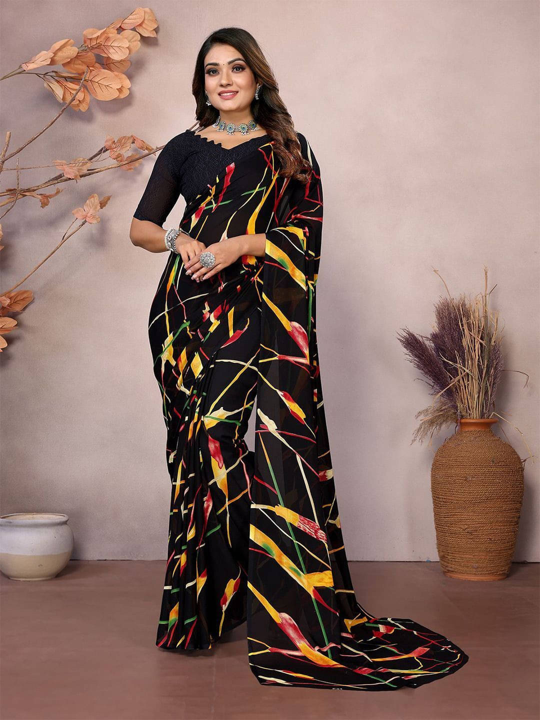     			ANAND SAREES Georgette Printed Regular Saree With Unstitched Blouse Piece ( Black )