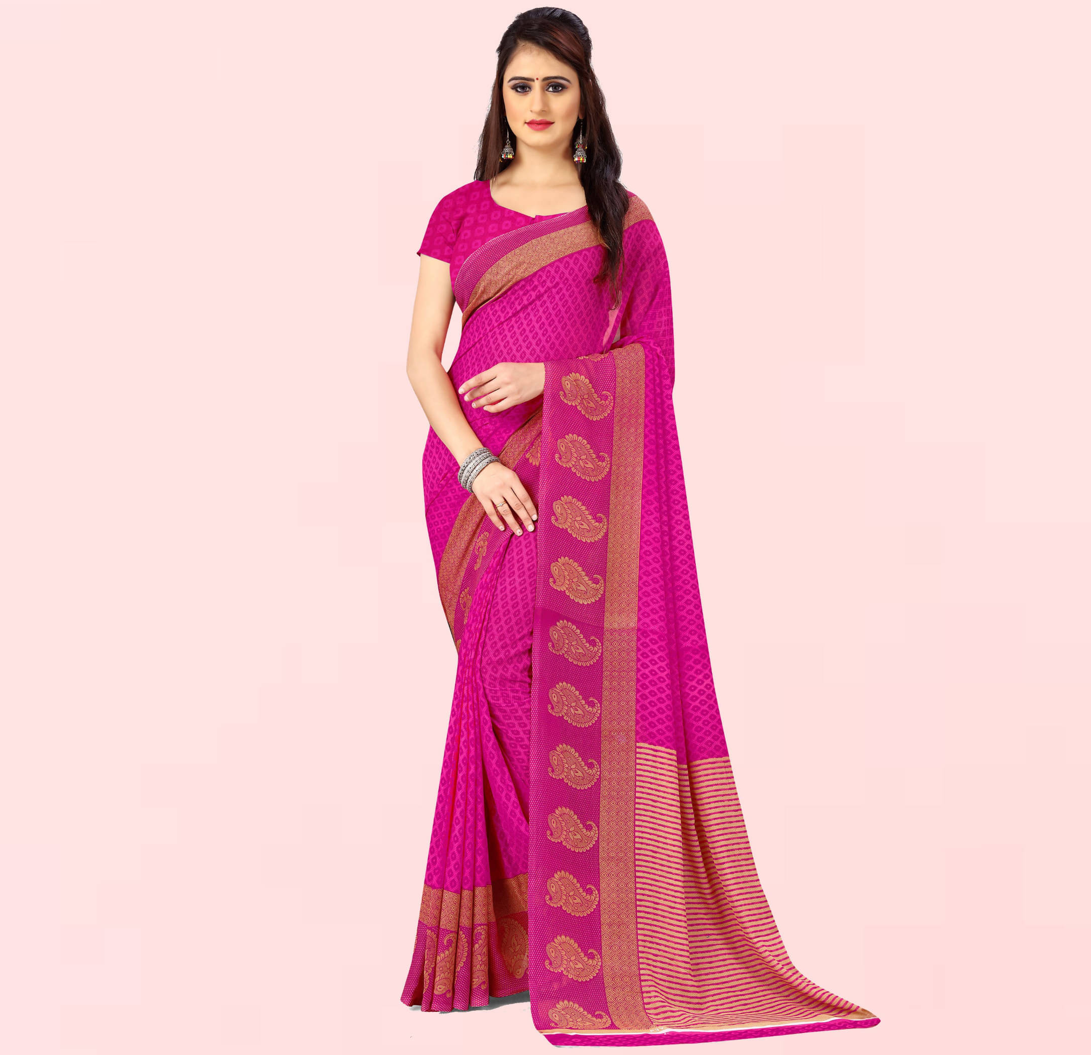 ANAND SAREES Georgette Printed Regular Saree With Unstitched Blouse Piece ( Pink ) ANAND SAREES Georgette Printed Regular Saree With Unstitched Blouse Piece ( Pink )