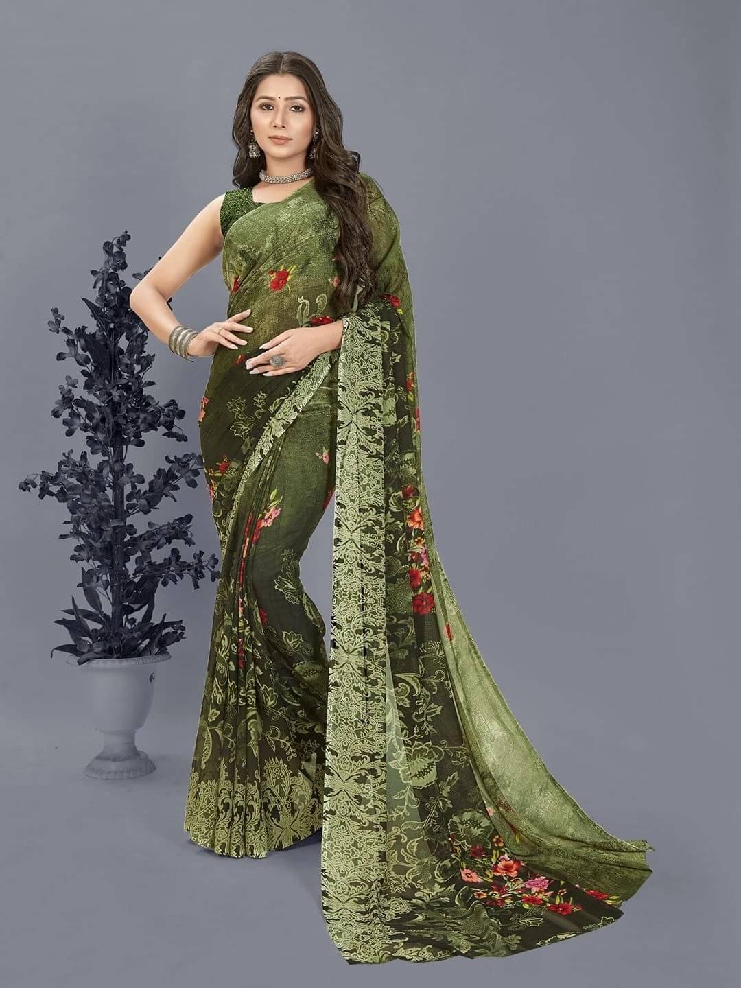    			ANAND SAREES Georgette Printed Regular Saree With Unstitched Blouse Piece ( Green )