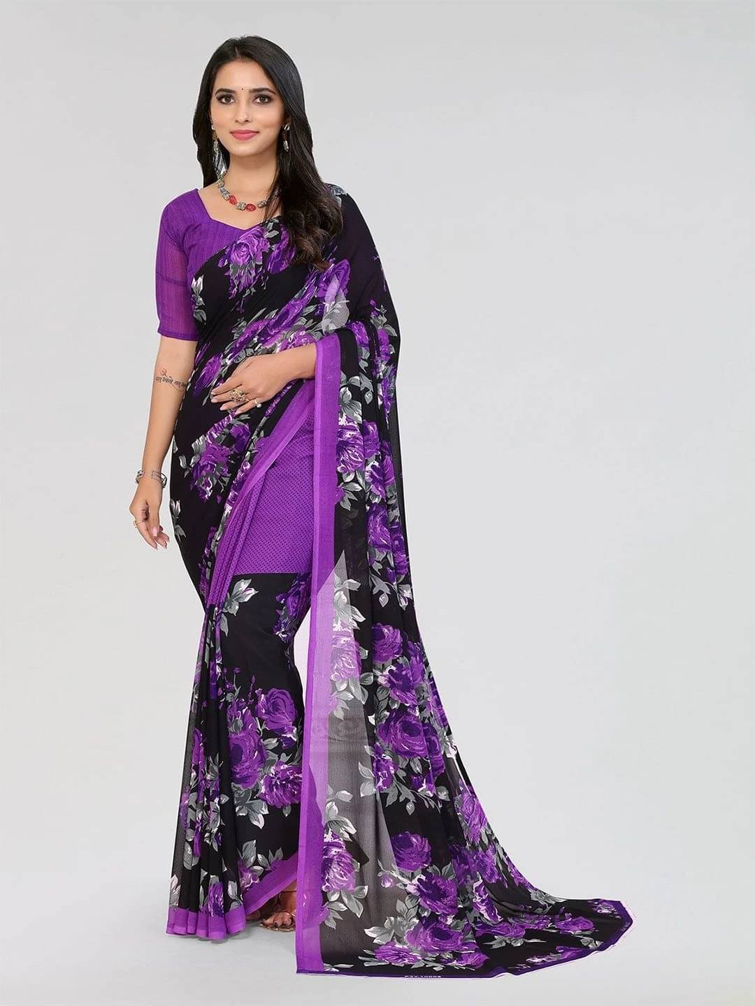 ANAND SAREES Georgette Printed Regular Saree With Unstitched Blouse Piece ( Purple ) ANAND SAREES Georgette Printed Regular Saree With Unstitched Blouse Piece ( Purple )