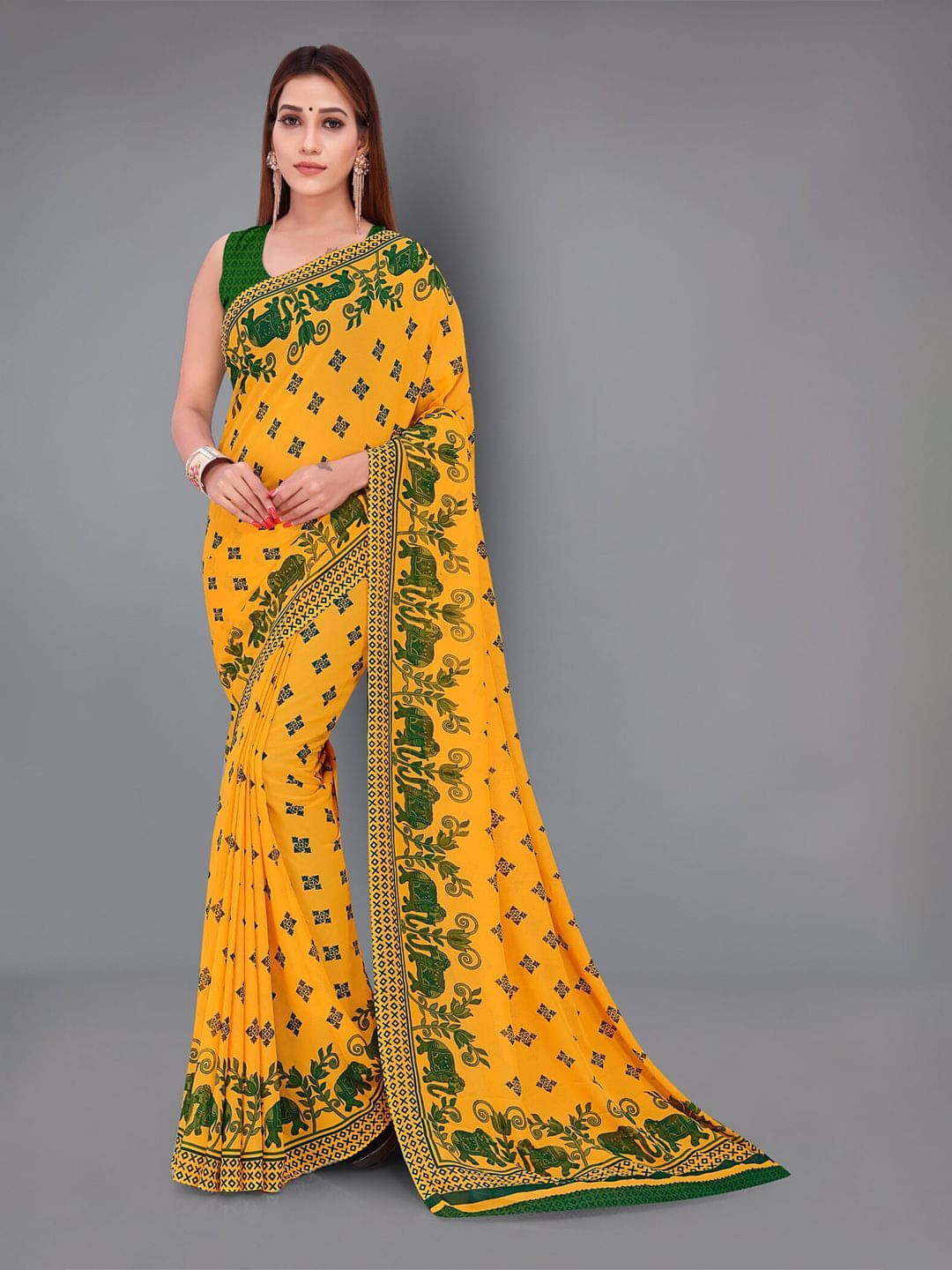 ANAND SAREES Georgette Printed Regular Saree With Unstitched Blouse Piece ( Yellow ) ANAND SAREES Georgette Printed Regular Saree With Unstitched Blouse Piece ( Yellow )