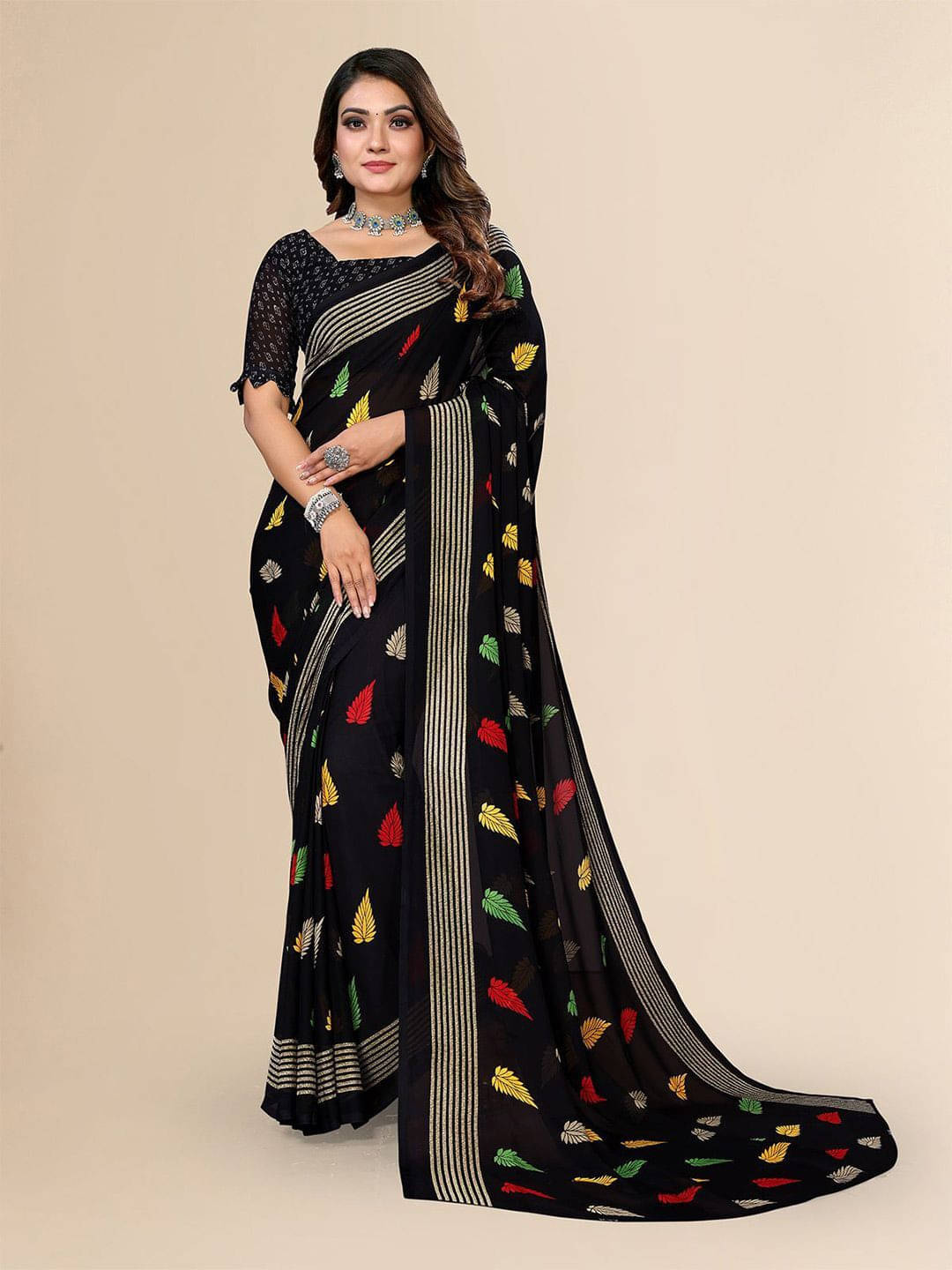 ANAND SAREES Georgette Printed Regular Saree With Unstitched Blouse Piece ( Black ) ANAND SAREES Georgette Printed Regular Saree With Unstitched Blouse Piece ( Black )
