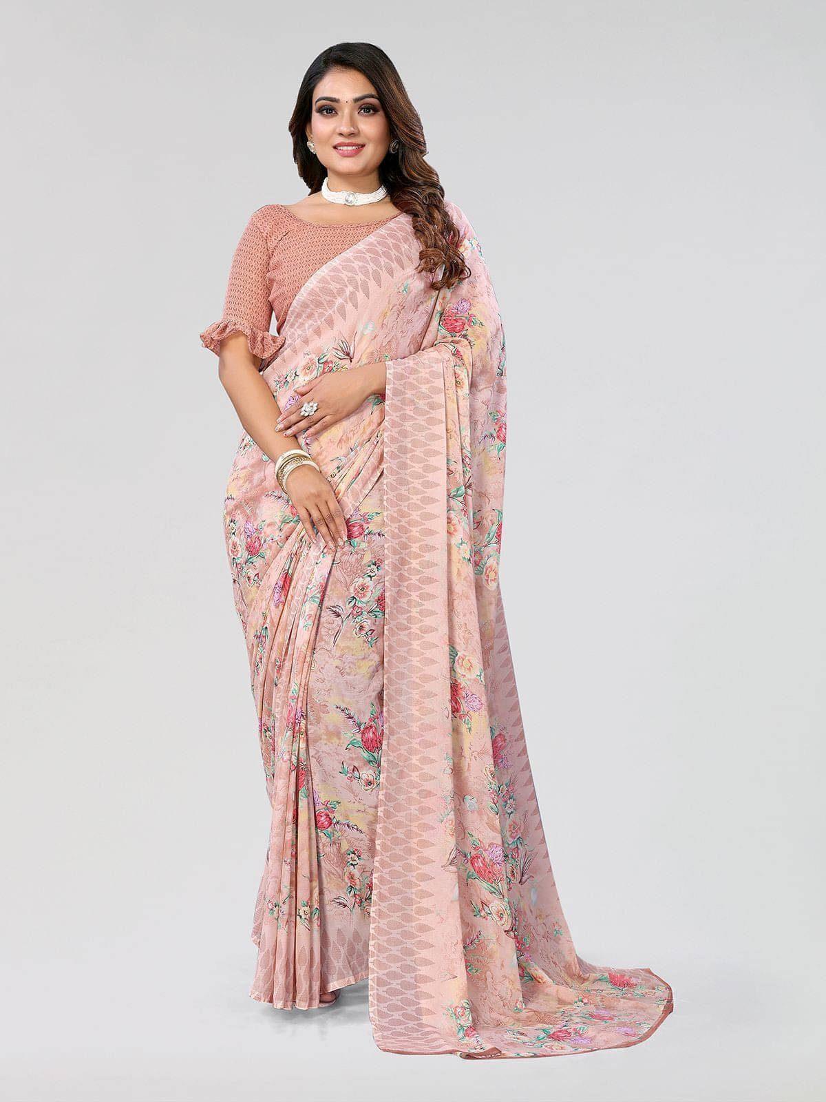 ANAND SAREES Georgette Printed Regular Saree With Unstitched Blouse Piece ( Brown ) ANAND SAREES Georgette Printed Regular Saree With Unstitched Blouse Piece ( Brown )