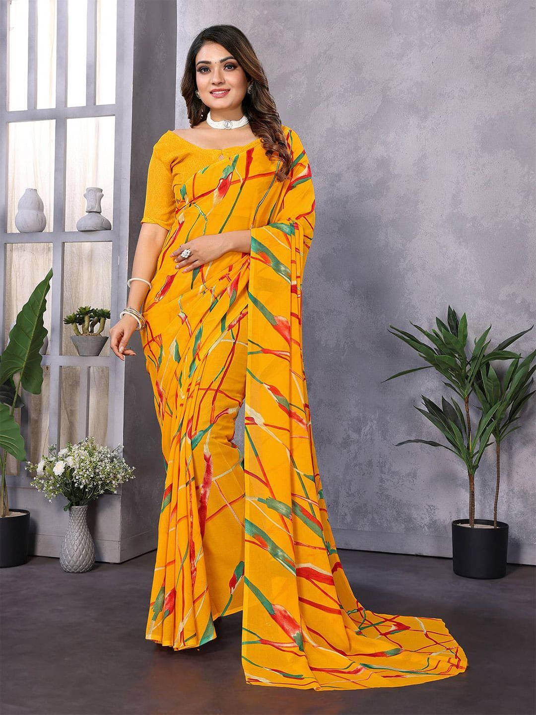 ANAND SAREES Georgette Printed Regular Saree With Unstitched Blouse Piece ( Yellow ) ANAND SAREES Georgette Printed Regular Saree With Unstitched Blouse Piece ( Yellow )