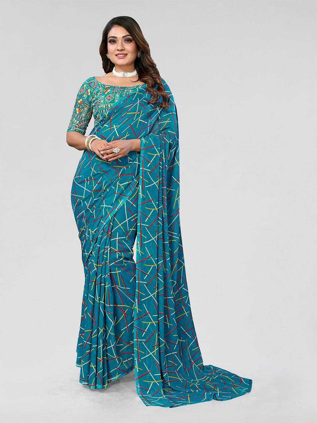     			ANAND SAREES Georgette Printed Regular Saree With Unstitched Blouse Piece ( Blue )