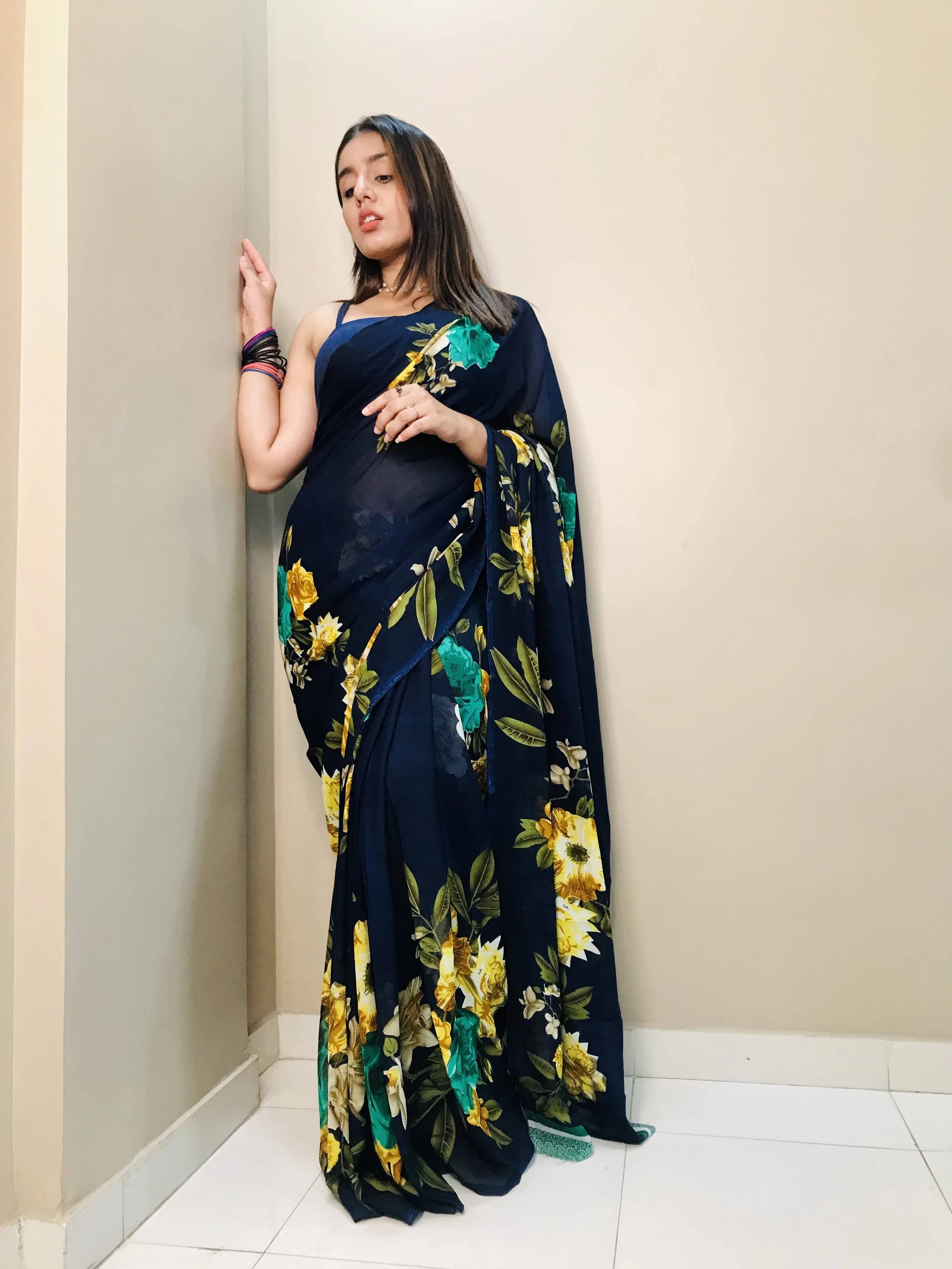 ANAND SAREES Georgette Printed Regular Saree With Unstitched Blouse Piece ( Blue ) ANAND SAREES Georgette Printed Regular Saree With Unstitched Blouse Piece ( Blue )