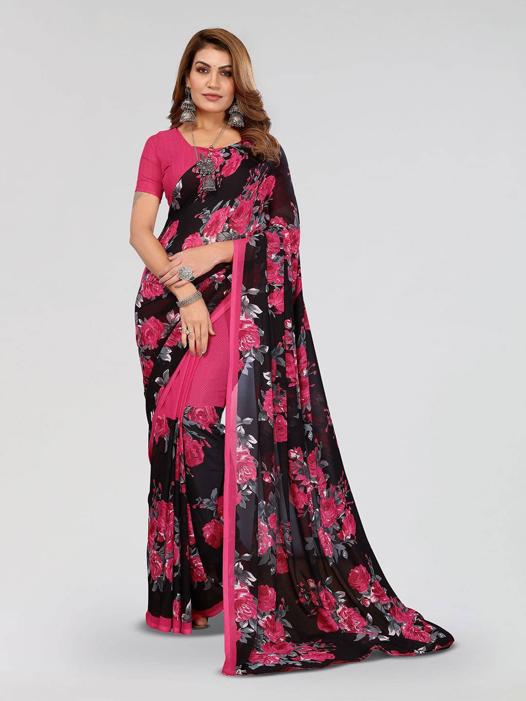 ANAND SAREES Georgette Printed Regular Saree With Unstitched Blouse Piece ( Pink ) ANAND SAREES Georgette Printed Regular Saree With Unstitched Blouse Piece ( Pink )