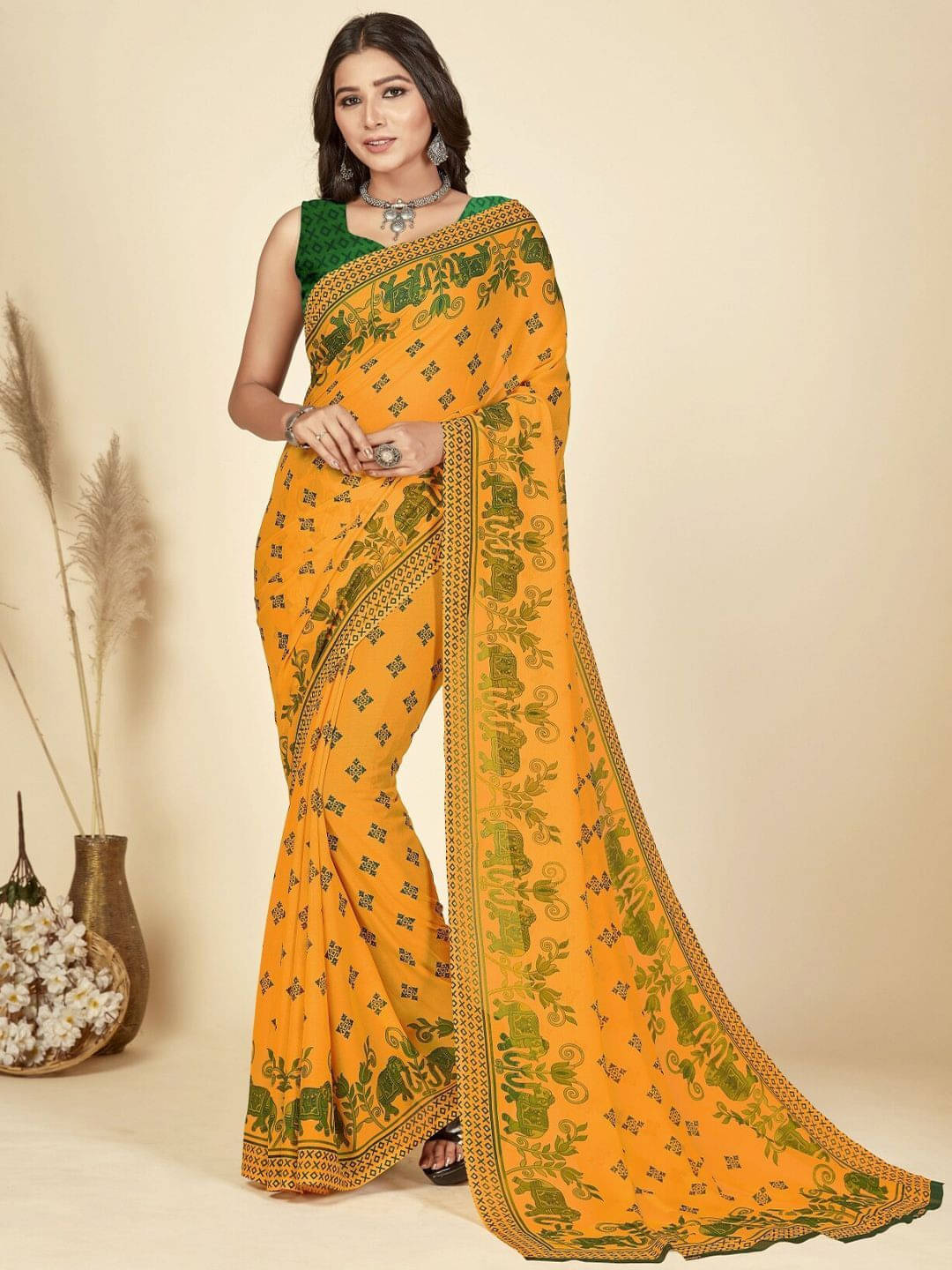 ANAND SAREES Georgette Printed Regular Saree With Unstitched Blouse Piece ( Yellow ) ANAND SAREES Georgette Printed Regular Saree With Unstitched Blouse Piece ( Yellow )