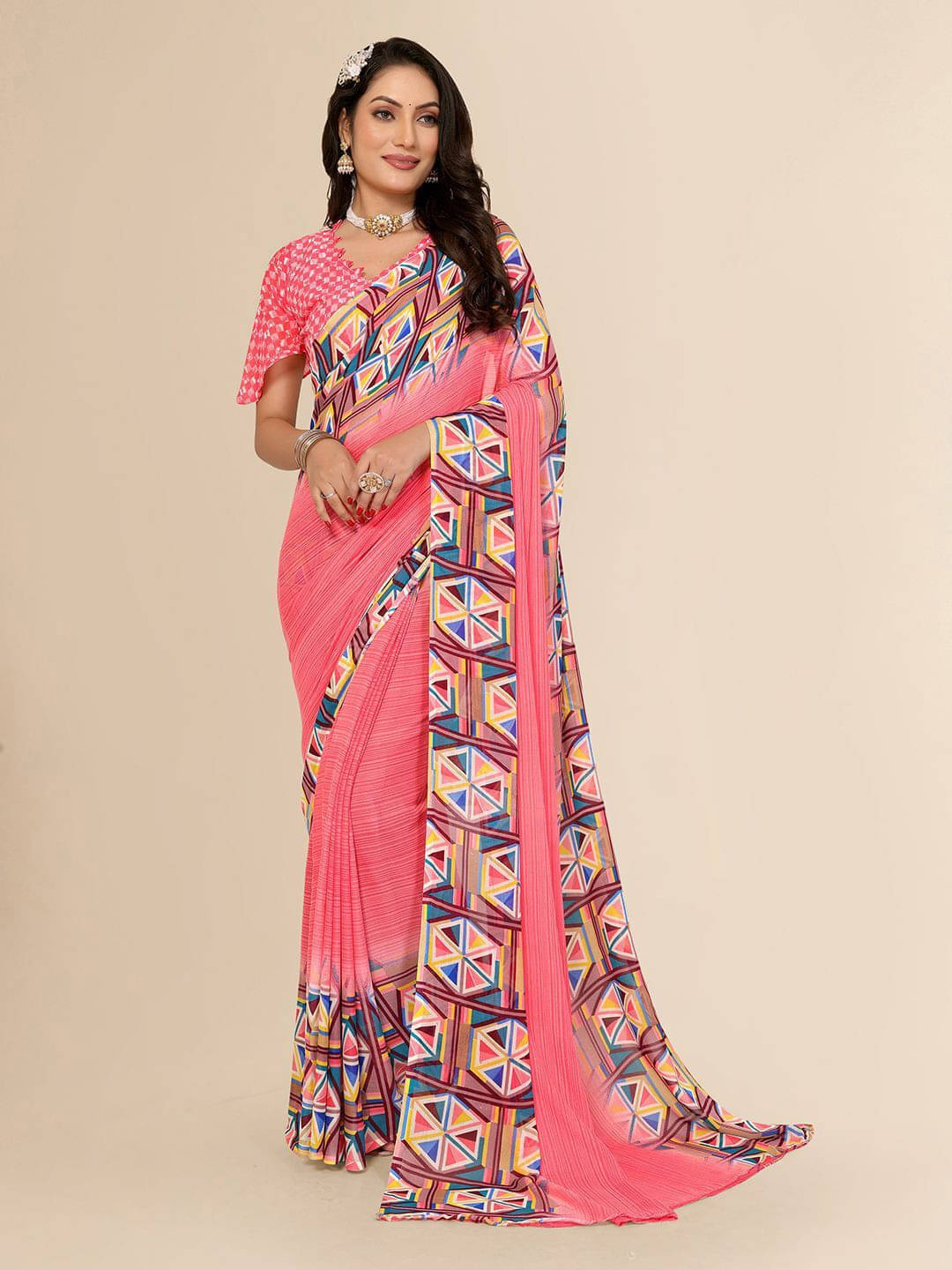 ANAND SAREES Georgette Printed Regular Saree With Unstitched Blouse Piece ( Pink )     			ANAND SAREES Georgette Printed Regular Saree With Unstitched Blouse Piece ( Pink )