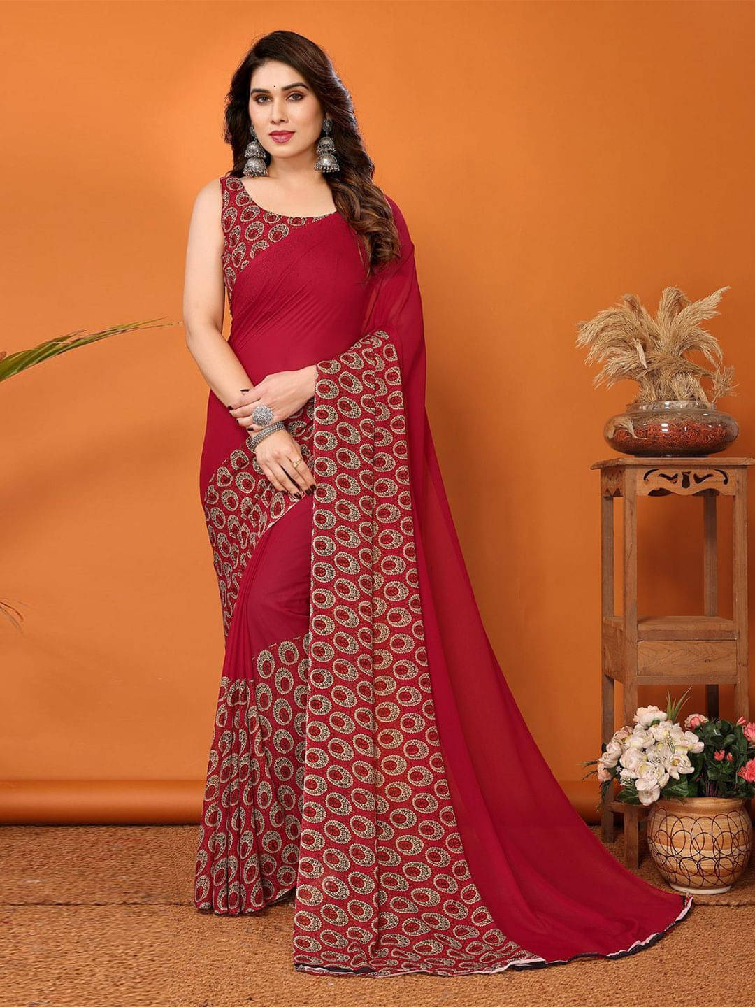 ANAND SAREES Georgette Printed Regular Saree With Unstitched Blouse Piece ( Red ) ANAND SAREES Georgette Printed Regular Saree With Unstitched Blouse Piece ( Red )