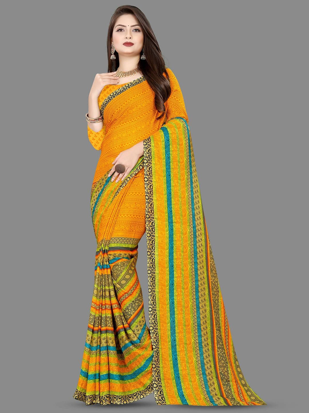 ANAND SAREES Georgette Printed Regular Saree With Unstitched Blouse Piece ( Yellow ) ANAND SAREES Georgette Printed Regular Saree With Unstitched Blouse Piece ( Yellow )