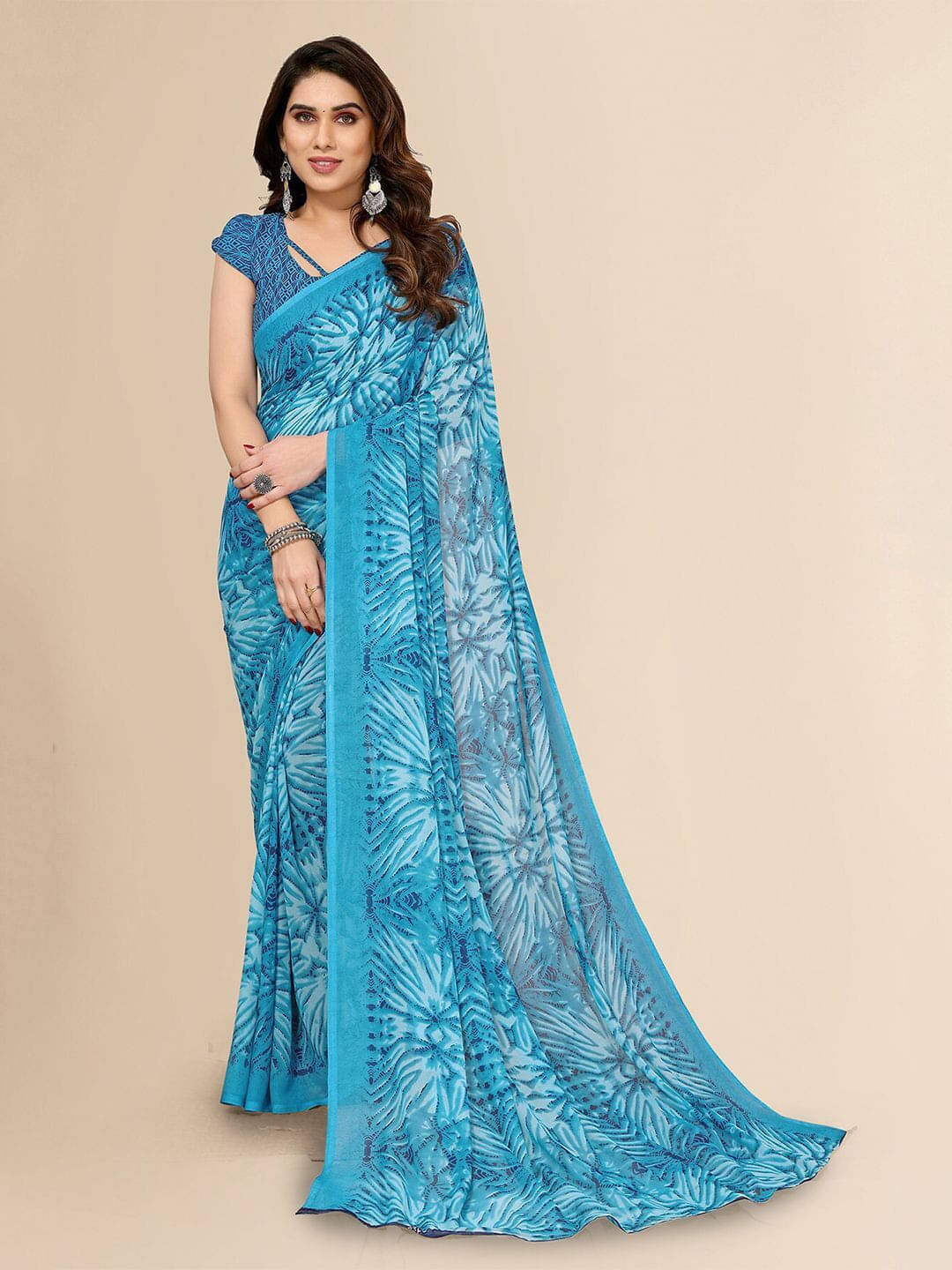 ANAND SAREES Georgette Printed Regular Saree With Unstitched Blouse Piece ( Blue ) ANAND SAREES Georgette Printed Regular Saree With Unstitched Blouse Piece ( Blue )