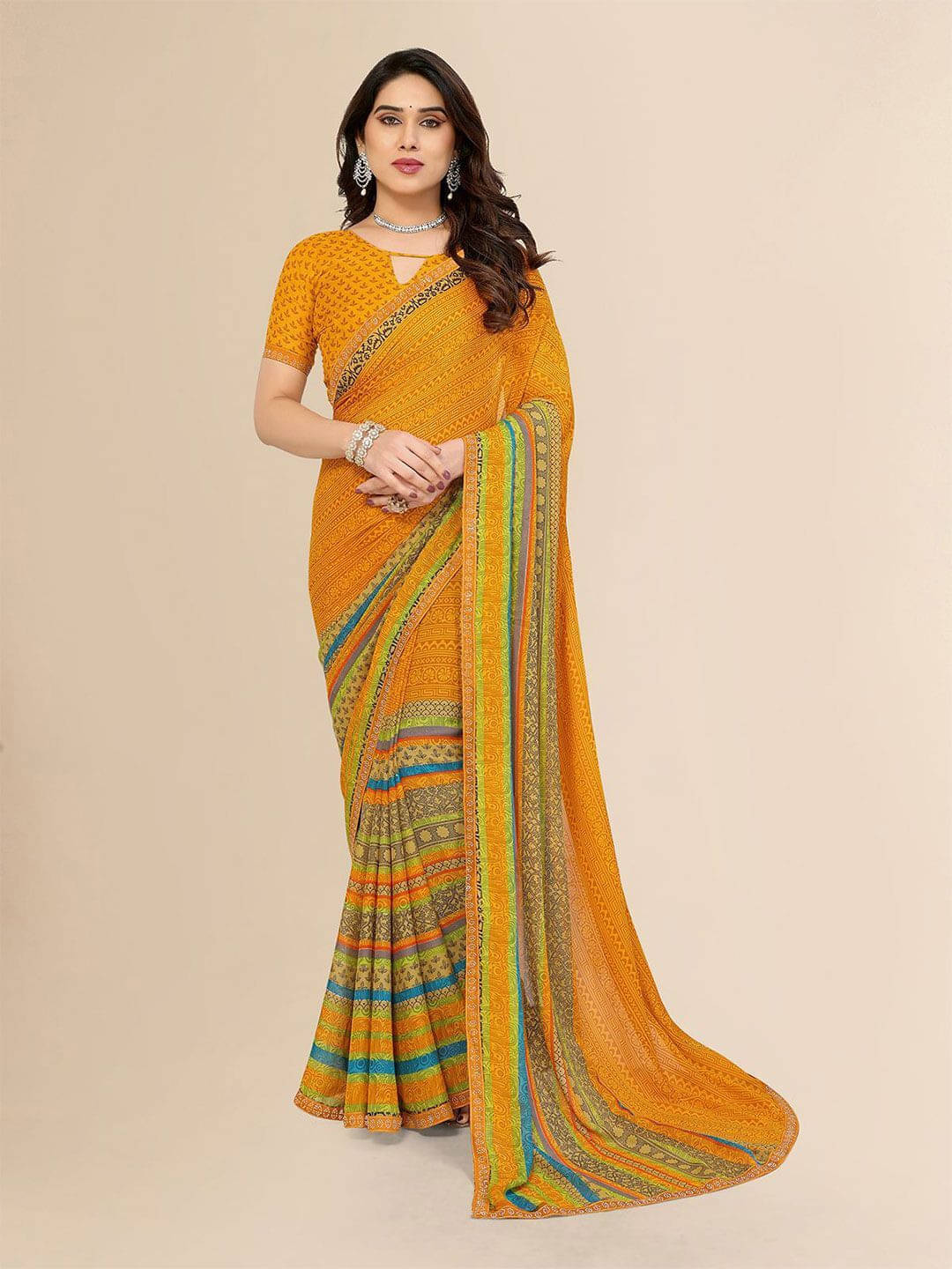 ANAND SAREES Georgette Printed Regular Saree With Unstitched Blouse Piece ( Yellow ) ANAND SAREES Georgette Printed Regular Saree With Unstitched Blouse Piece ( Yellow )