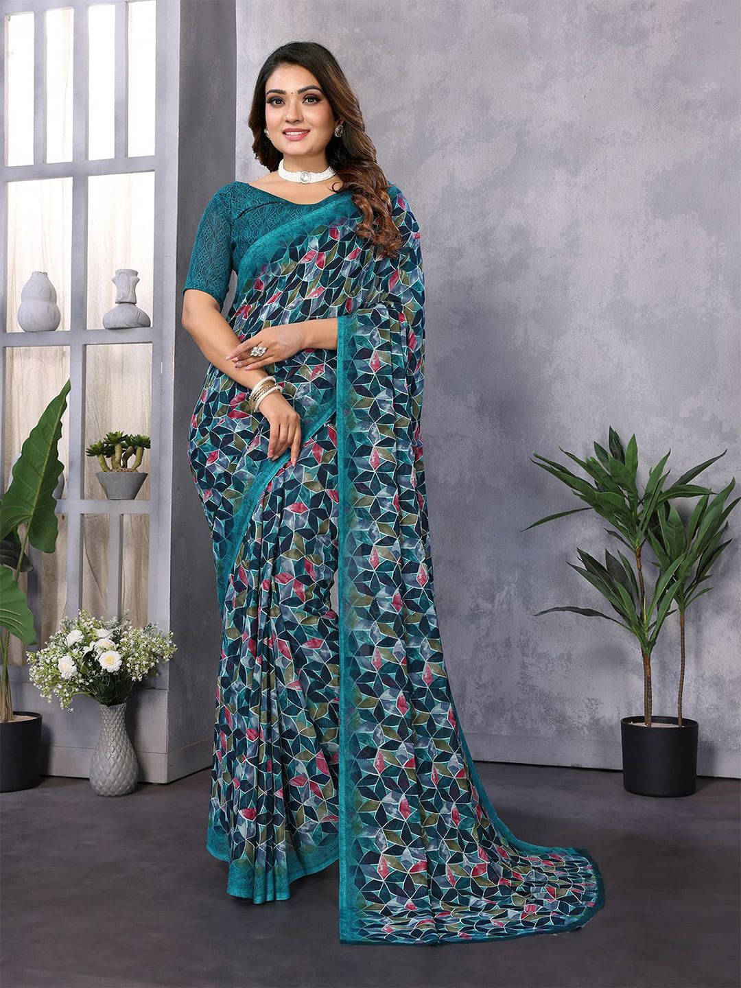     			ANAND SAREES Georgette Printed Regular Saree With Unstitched Blouse Piece ( Blue )