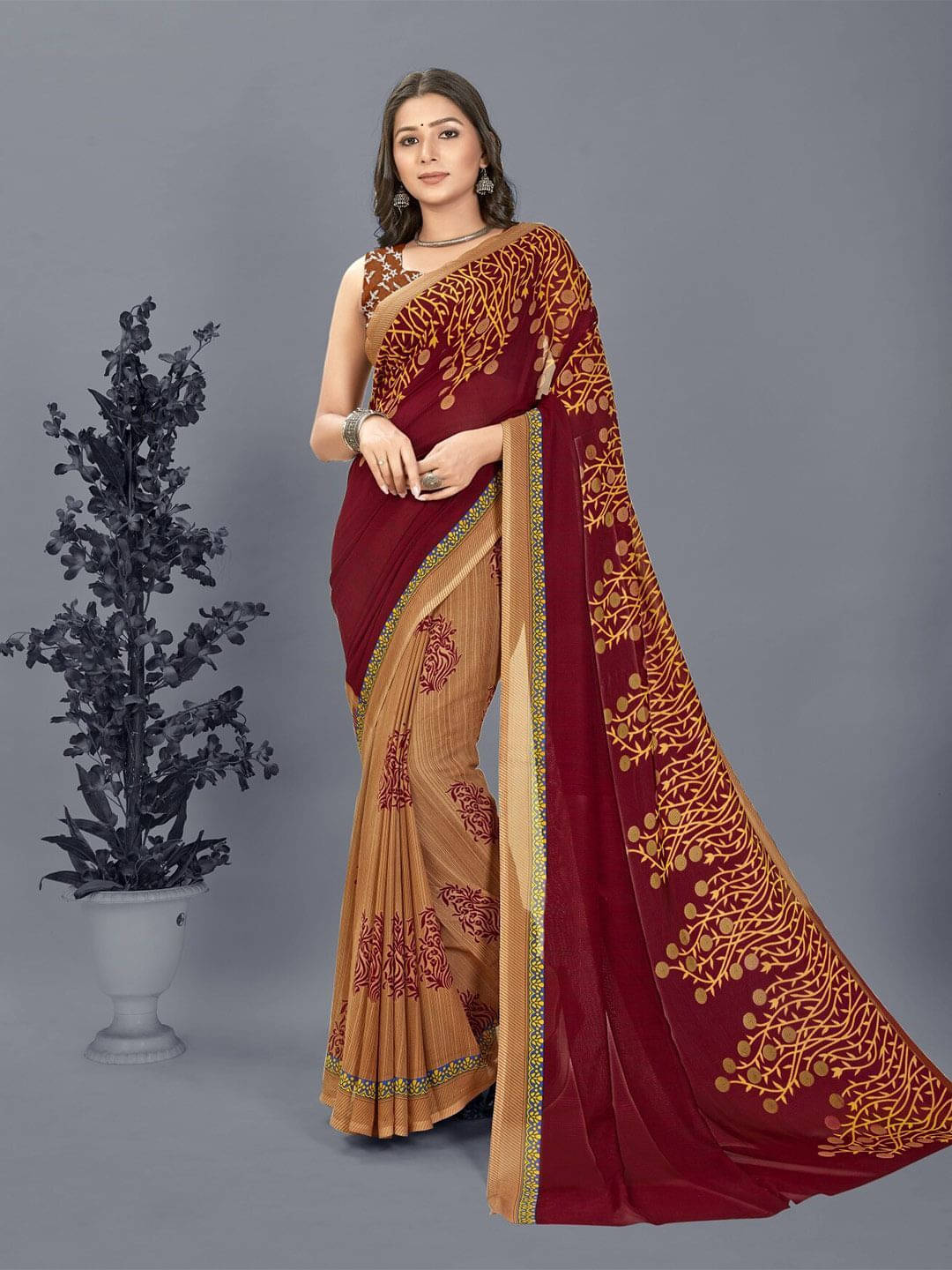 ANAND SAREES Georgette Printed Regular Saree With Unstitched Blouse Piece ( Brown ) ANAND SAREES Georgette Printed Regular Saree With Unstitched Blouse Piece ( Brown )
