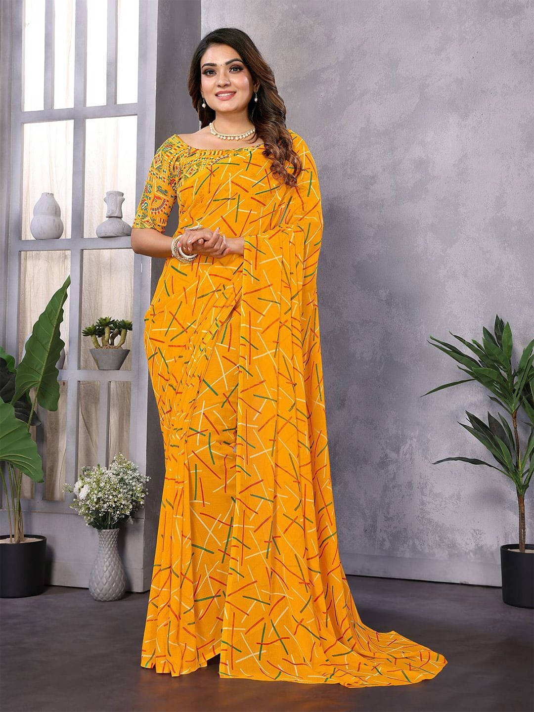     			ANAND SAREES Georgette Printed Regular Saree With Unstitched Blouse Piece ( Yellow )