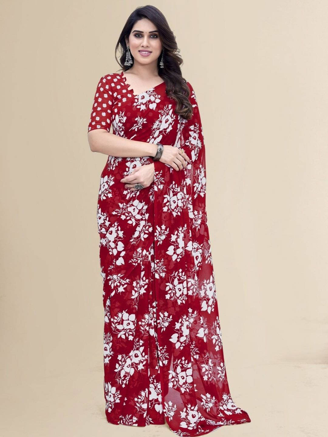 ANAND SAREES Georgette Printed Regular Saree With Unstitched Blouse Piece ( Red ) ANAND SAREES Georgette Printed Regular Saree With Unstitched Blouse Piece ( Red )