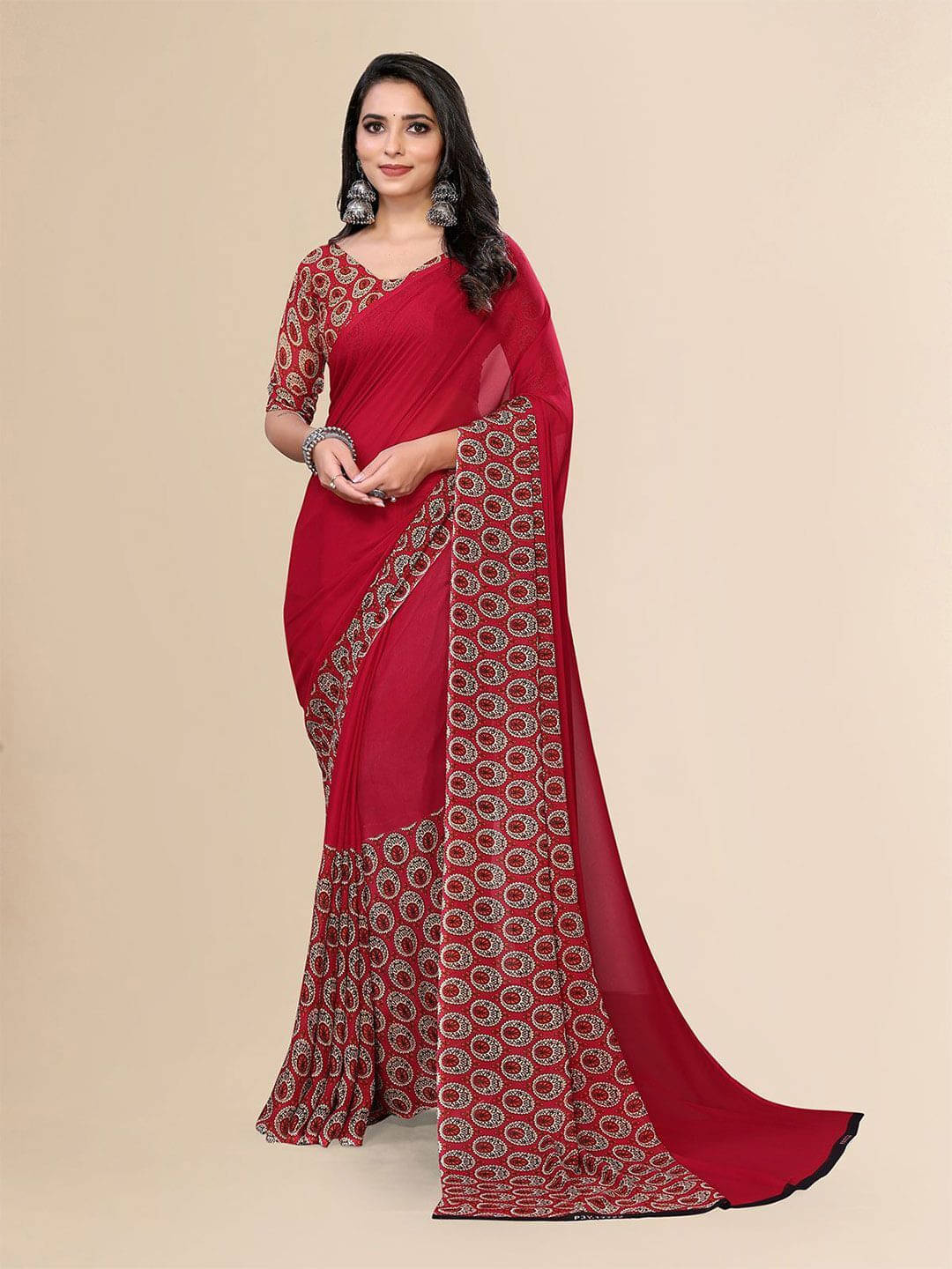 ANAND SAREES Georgette Printed Regular Saree With Unstitched Blouse Piece ( Red ) ANAND SAREES Georgette Printed Regular Saree With Unstitched Blouse Piece ( Red )