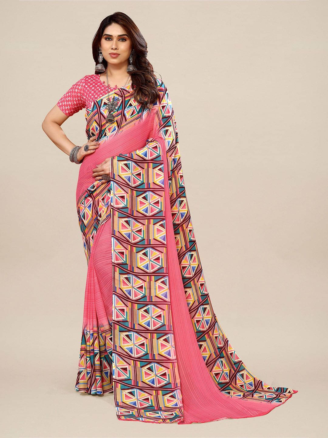 ANAND SAREES Georgette Printed Regular Saree With Unstitched Blouse Piece ( Pink )     			ANAND SAREES Georgette Printed Regular Saree With Unstitched Blouse Piece ( Pink )